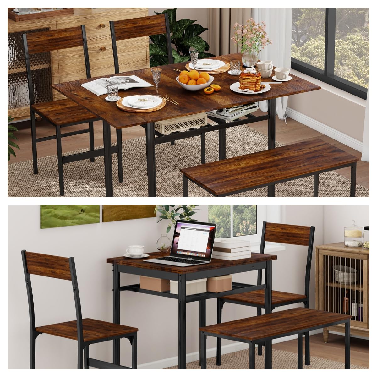 YU YUSING Table Pliante Extensible de Salle à Manger (60-120)x75x76cm avec 2 Chaises et 1 Banc - Ensemble de 4 Meubles - Bois et Métal - Marron Rustique