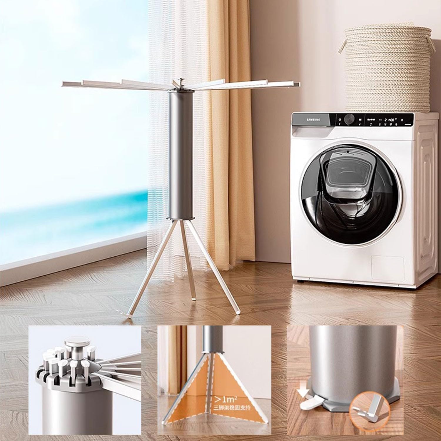 Laundry Drying Rack Tripod Clothes Drying Rack Floor-Standing Foldable and Storage Three-Legged Clothes Drying Rack