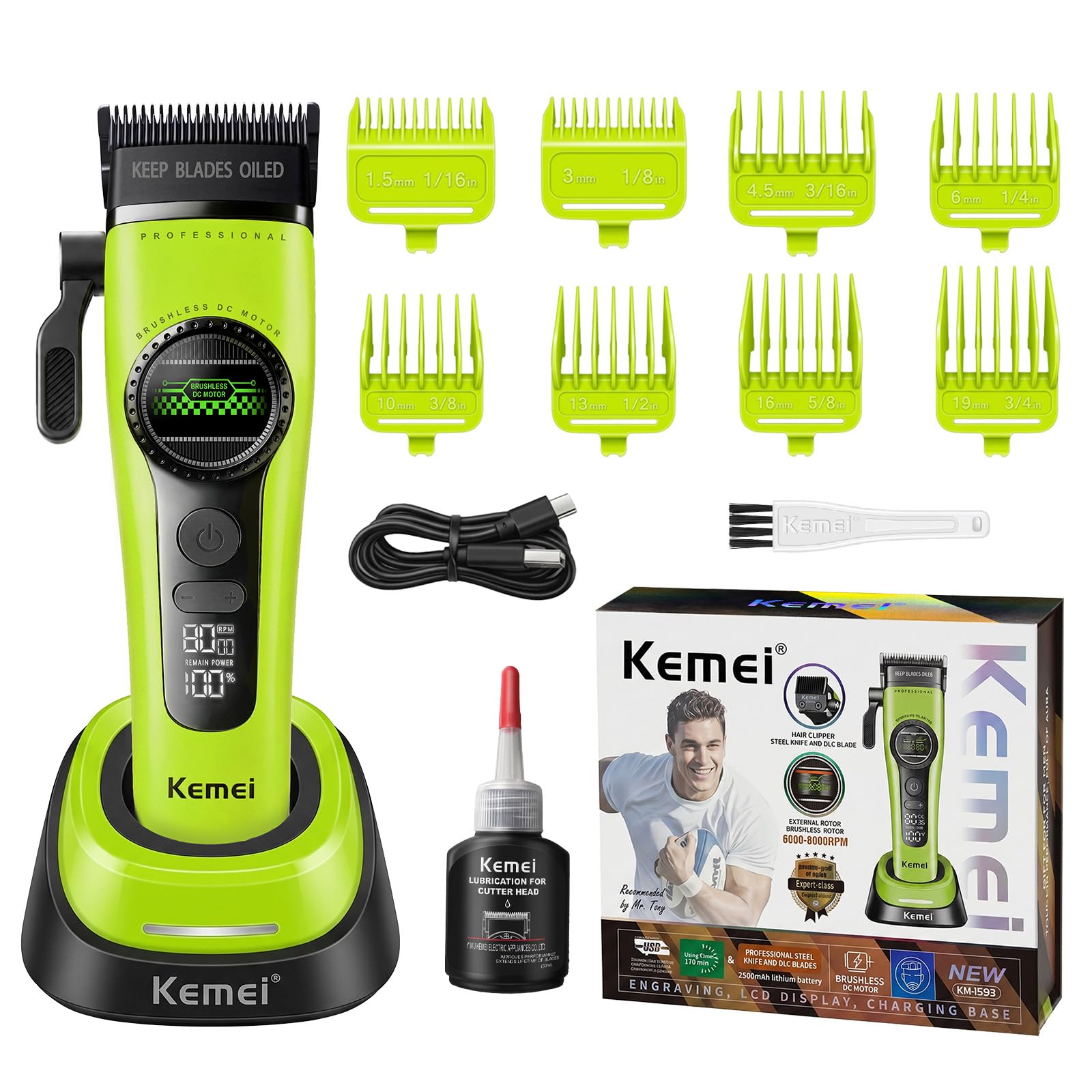 KEMEI 1593 Tagliacapelli professionale da uomo, tosaerba senza fili con base di ricarica e schermo LED, lama ipoallergenica, motore potente 8000 RPM, per uso domestico e salone (verde) | Motore brushless, 5 velocità, doppio carico USB-C e base, lama DLC-c