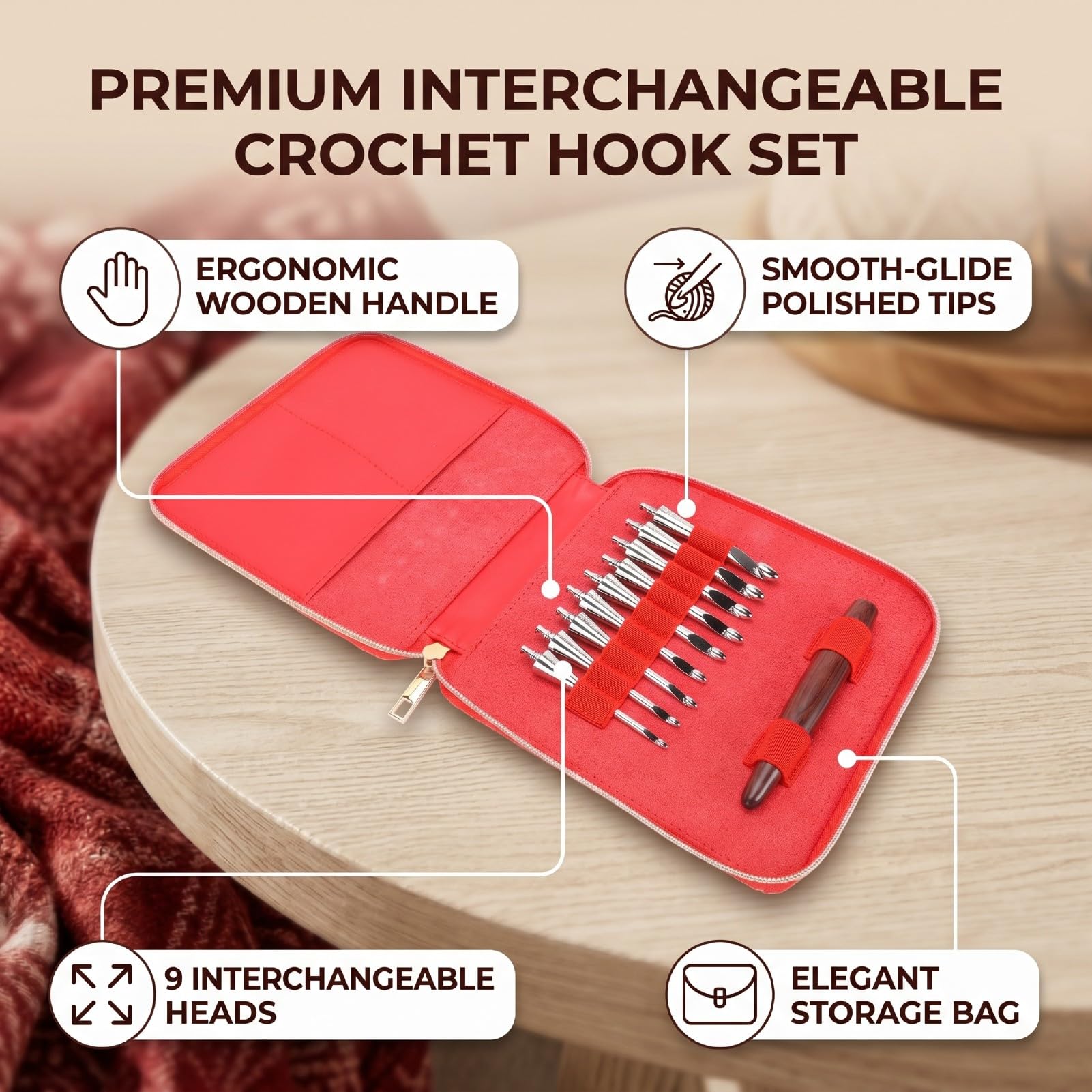 Luqeeg Kit de Herramientas para Tejer con Mango de Madera Ergonómico, Agujas de Ganchillo de Acero Inoxidable Intercambiables