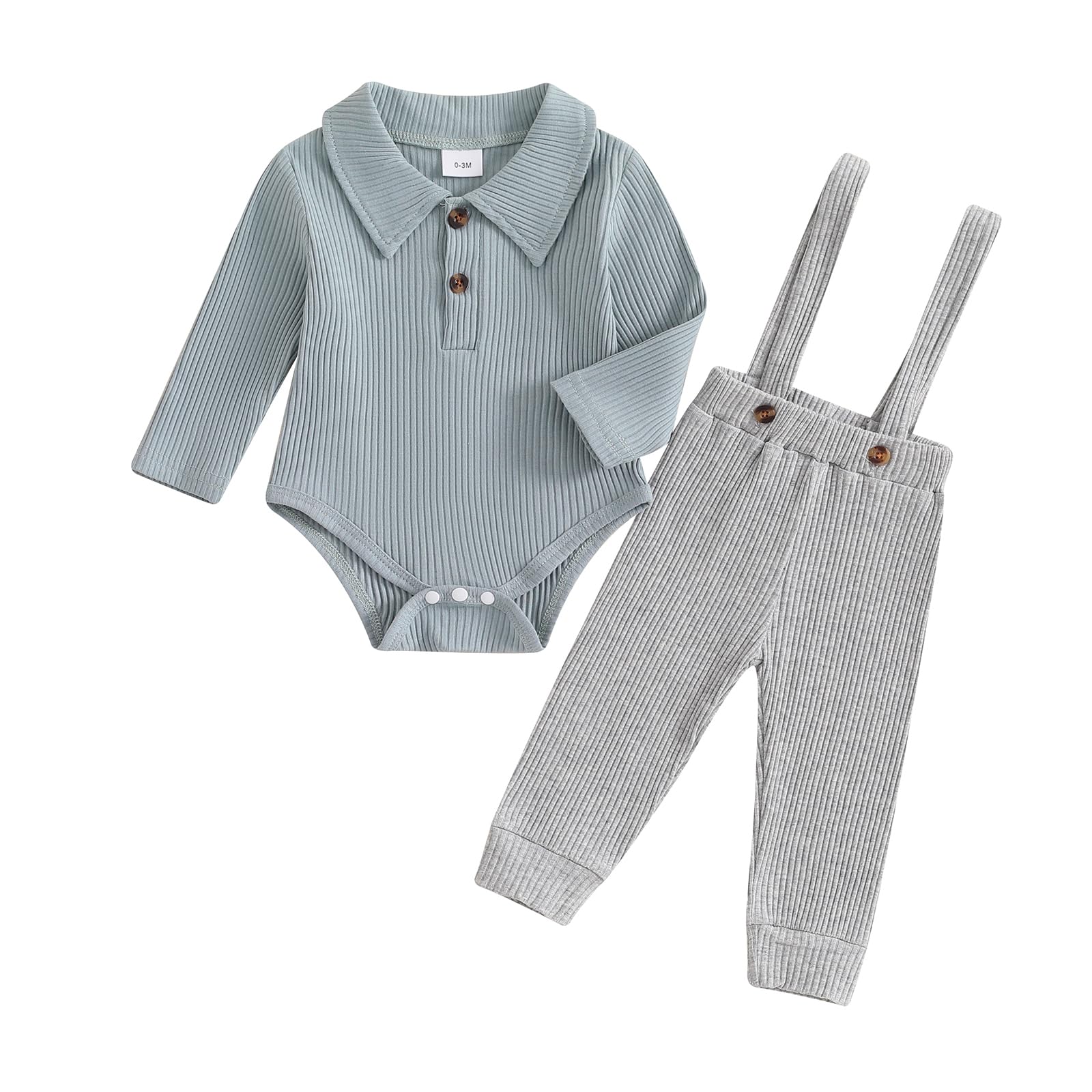 Kaipiclos Newborn Baby Boy Clothes Rib Knit Long Sleeve Romper Cute Suspender Pants Solid Infant Fall Winter Gentleman Outfit