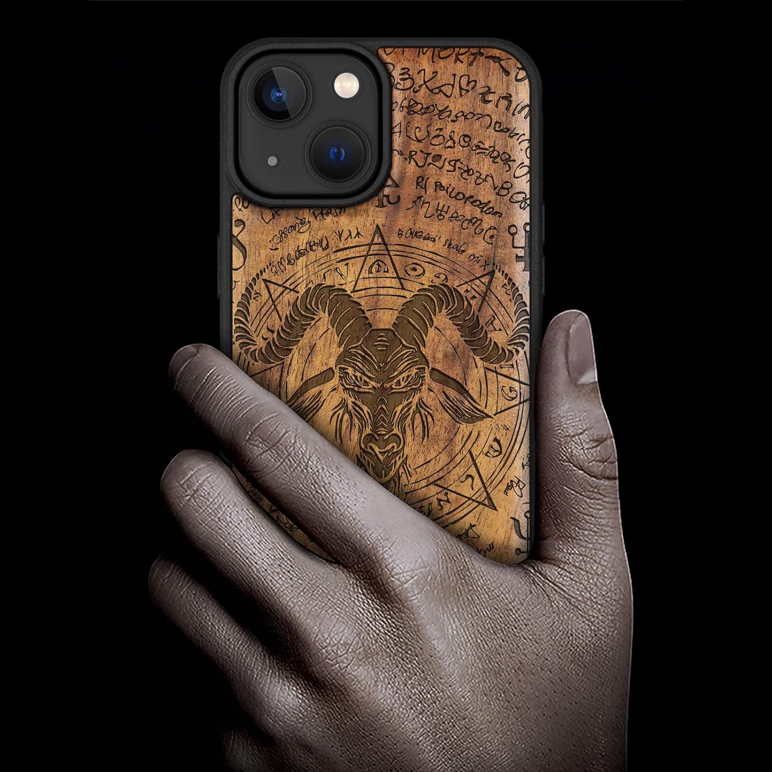 Carveit Magnetic Wood Case for iPhone 14 Case [Natural Wood & Black Soft TPU] Unique & Classy Wooden Shockproof Protective Cover Compatible with magsafe (The Devil -Baphomet -Walnut)