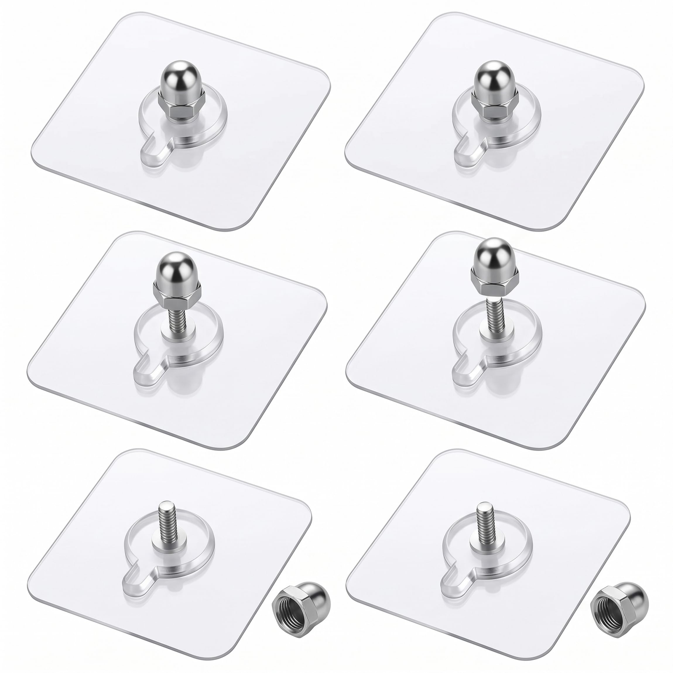 Yeaxxsqy Silver 6Pcs 2.4X2.4" No Drill Adhesive Wall Hooks, Reusable Nail-Free Picture Hangers Mounts (Silver)