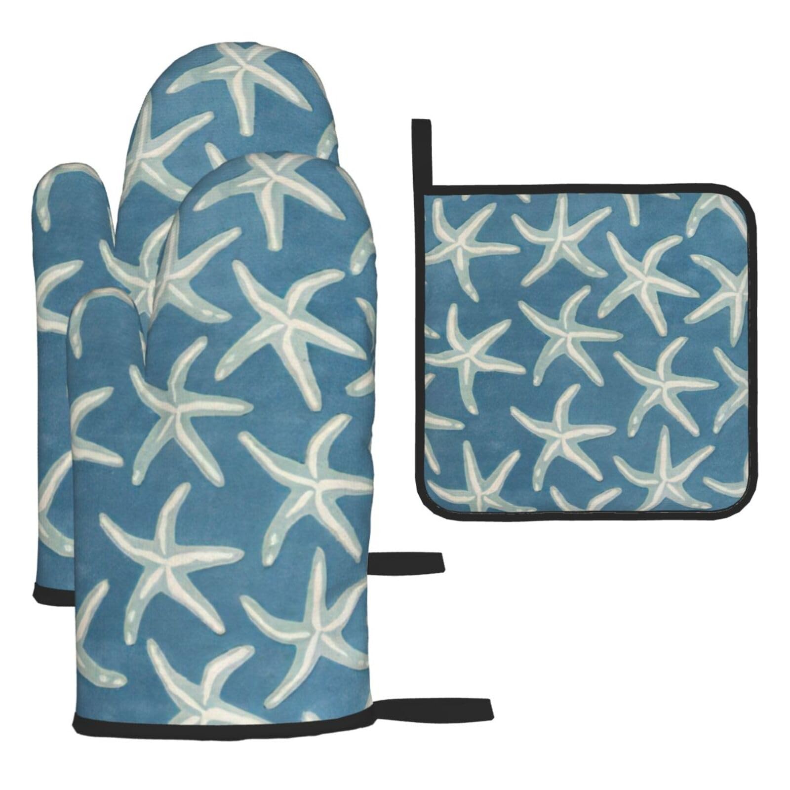 Starfish Coastal Wool Print Oven Mitts Kitchen Gloves Set Everyday Baking Grilling Microwaving Cooking Gift