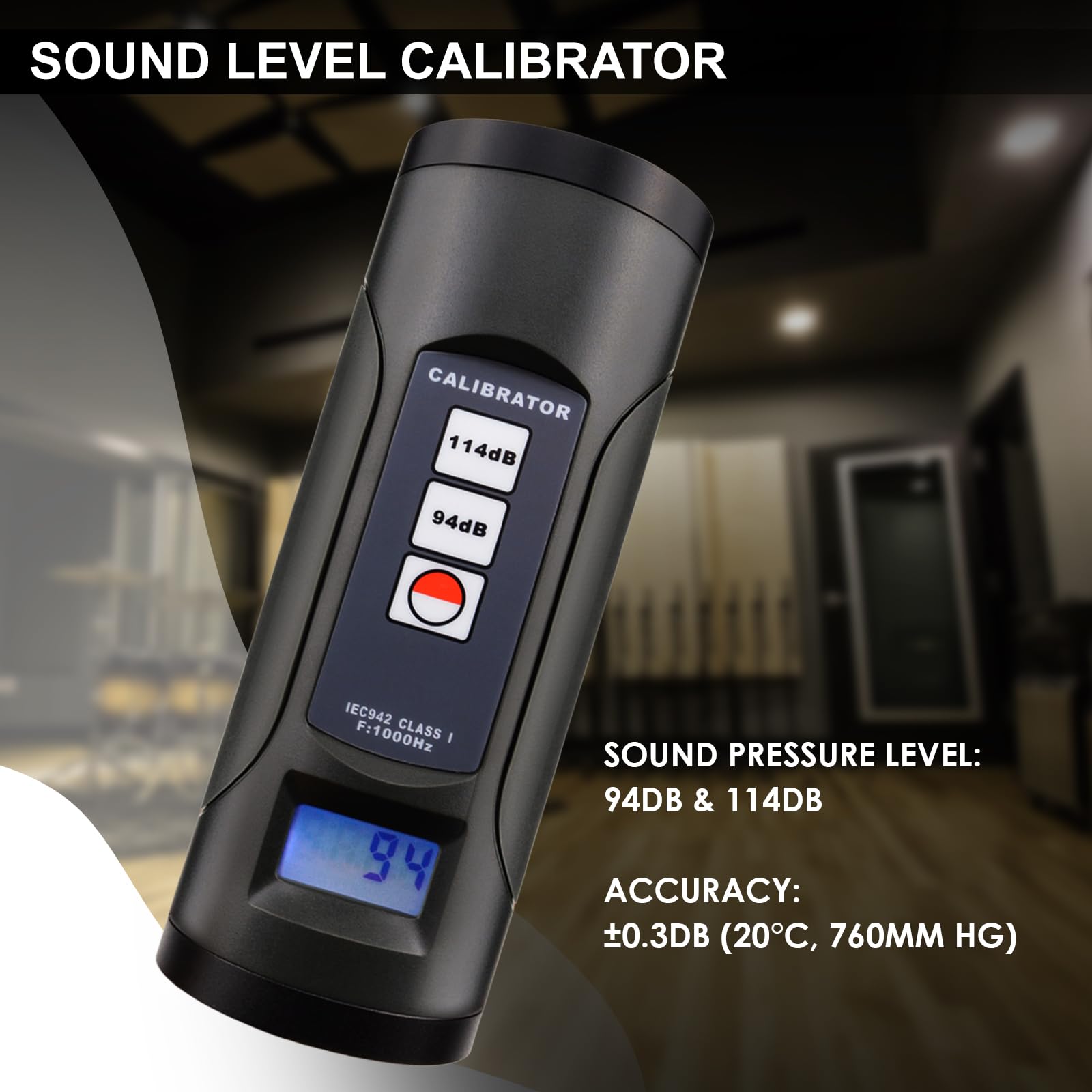 Calibrador digital de nivel de sonido con pantalla LCD y retroiluminación, precisión de 94 dB y 114 dB +/-0,3 dB, medidor de ruido profesional, herramienta de calibración para micrófonos de 1 pulgada