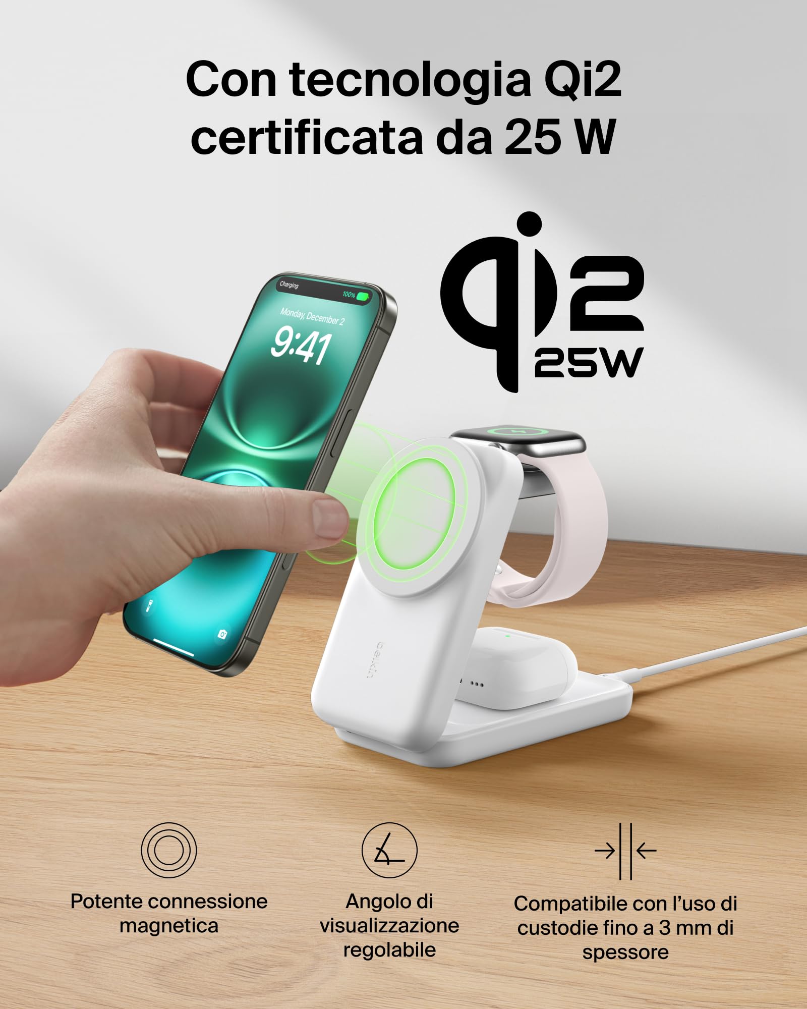 Belkin UltraCharge Caricatore Wireless Magnetico Qi2, Stazione di Ricarica 3 in 1 25W, Caricatore Compatibile con MagSafe per iPhone 16, Apple Watch, AirPods, Pixelsnap con Adattatore 45W, Bianco