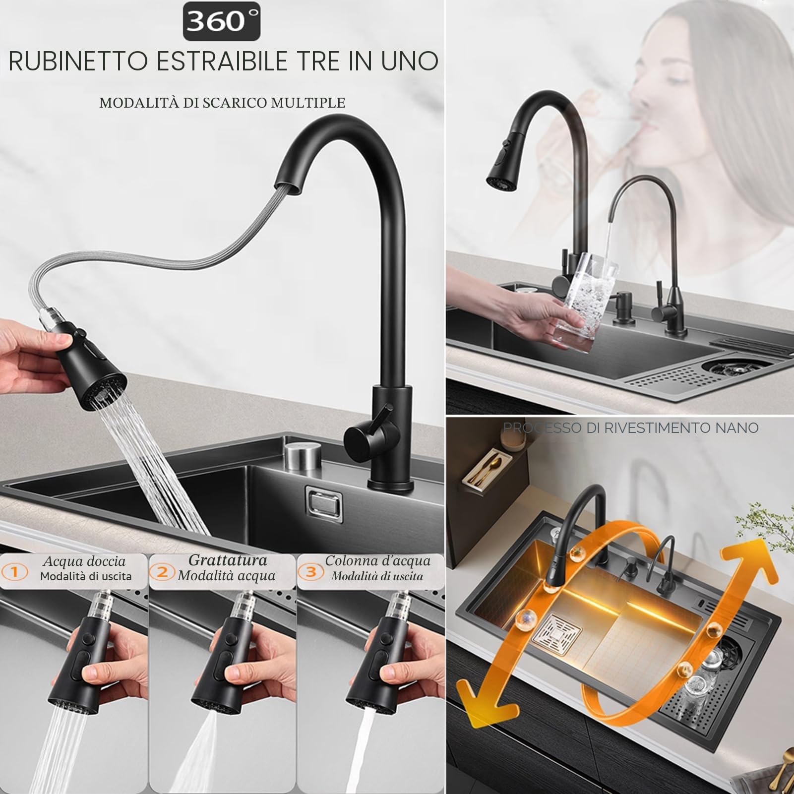 Lavello da cucina, 86 x 50 cm, 1 vasca, con gradino, lavello nano nero, in acciaio inox, multifunzione, con rubinetto da cucina estensibile 3 in 1, dispenser di sapone, sifone, pulsante di controllo