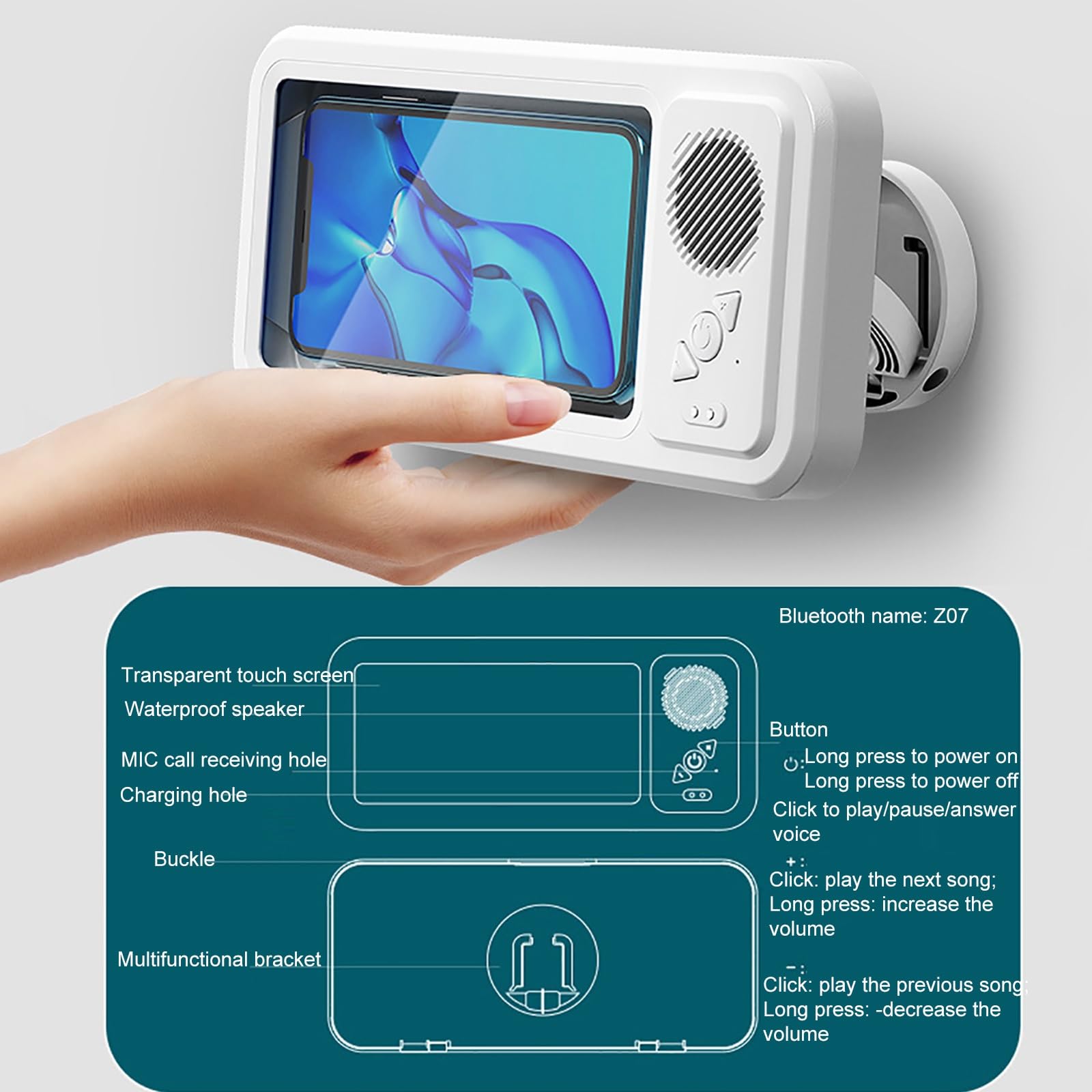 Supporto impermeabile per telefono da doccia, con altoparlante Bluetooth e touchscreen anti-appannamento, supporto da parete per tutti i telefoni cellulari