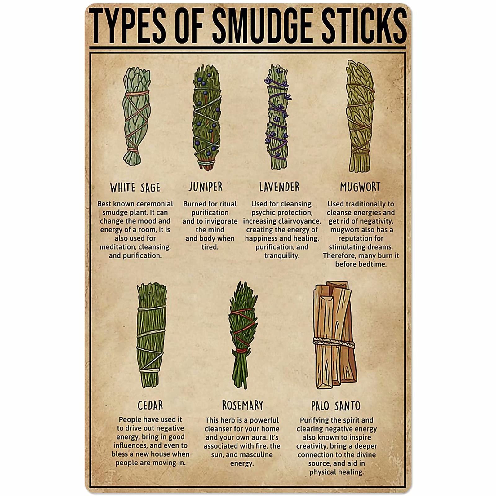 C-03 Smudge Sticks Types Posters Metal Signs Popular Science Knowledge Wall Decor Home Decor Room Decor Retro Printing Plaque 12X17 Inches