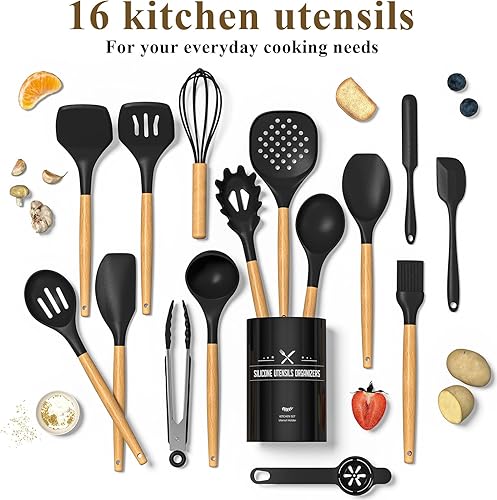 Miniatura 10 de AIKKIL - Juego de utensilios de cocina de silicona, 16 piezas, con soporte, resistencia al calor, mango de madera, juego de utensilios de cocina