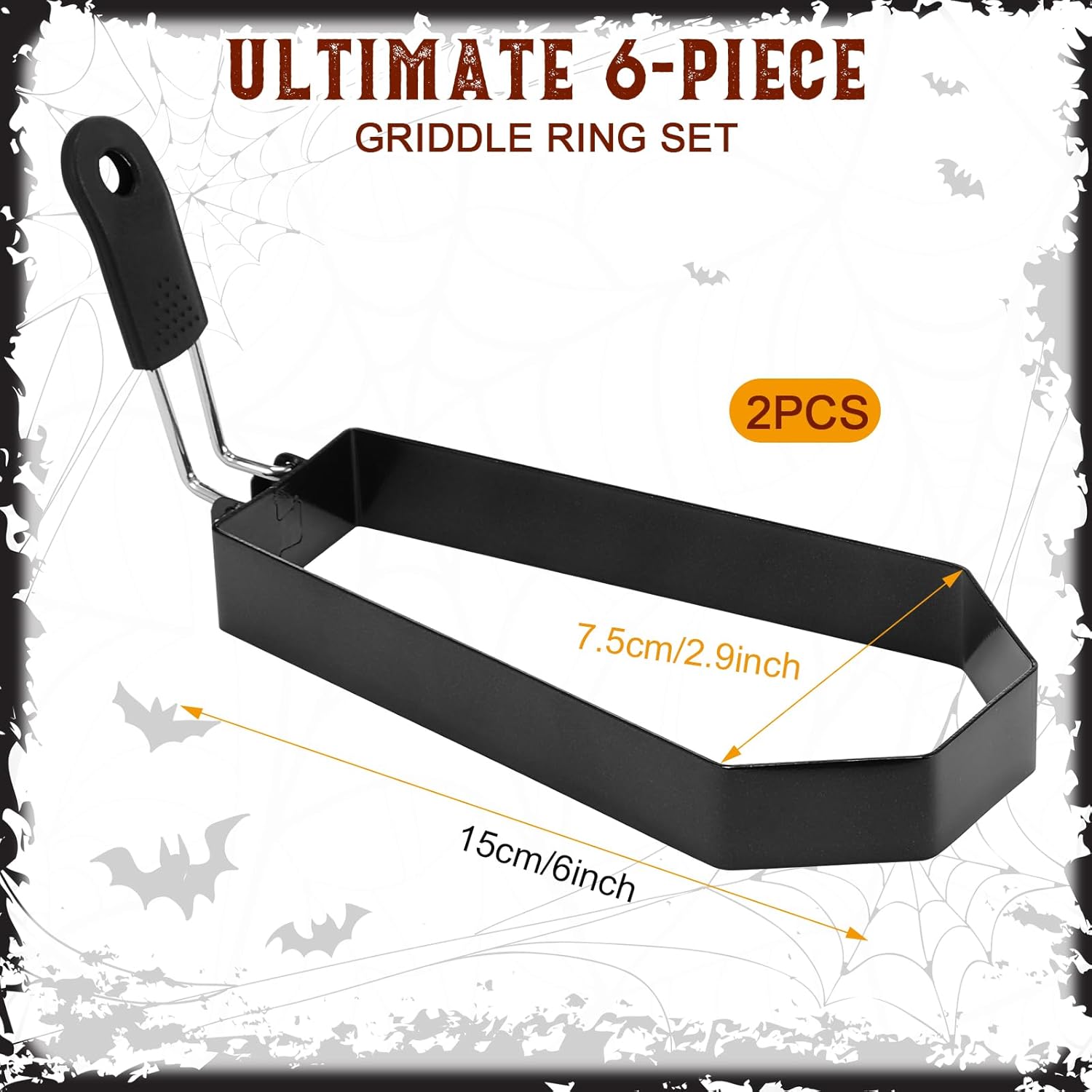 Patelai 2 Pack Halloween Coffin Shaped Egg Ring Pancake Molds Set Stainless Steel Griddle Egg Rings Coffin Fried Pancake Shapers with Handle DIY Cooking Tool for Breakfast Omelette (6 Inch) 2 6 inch
