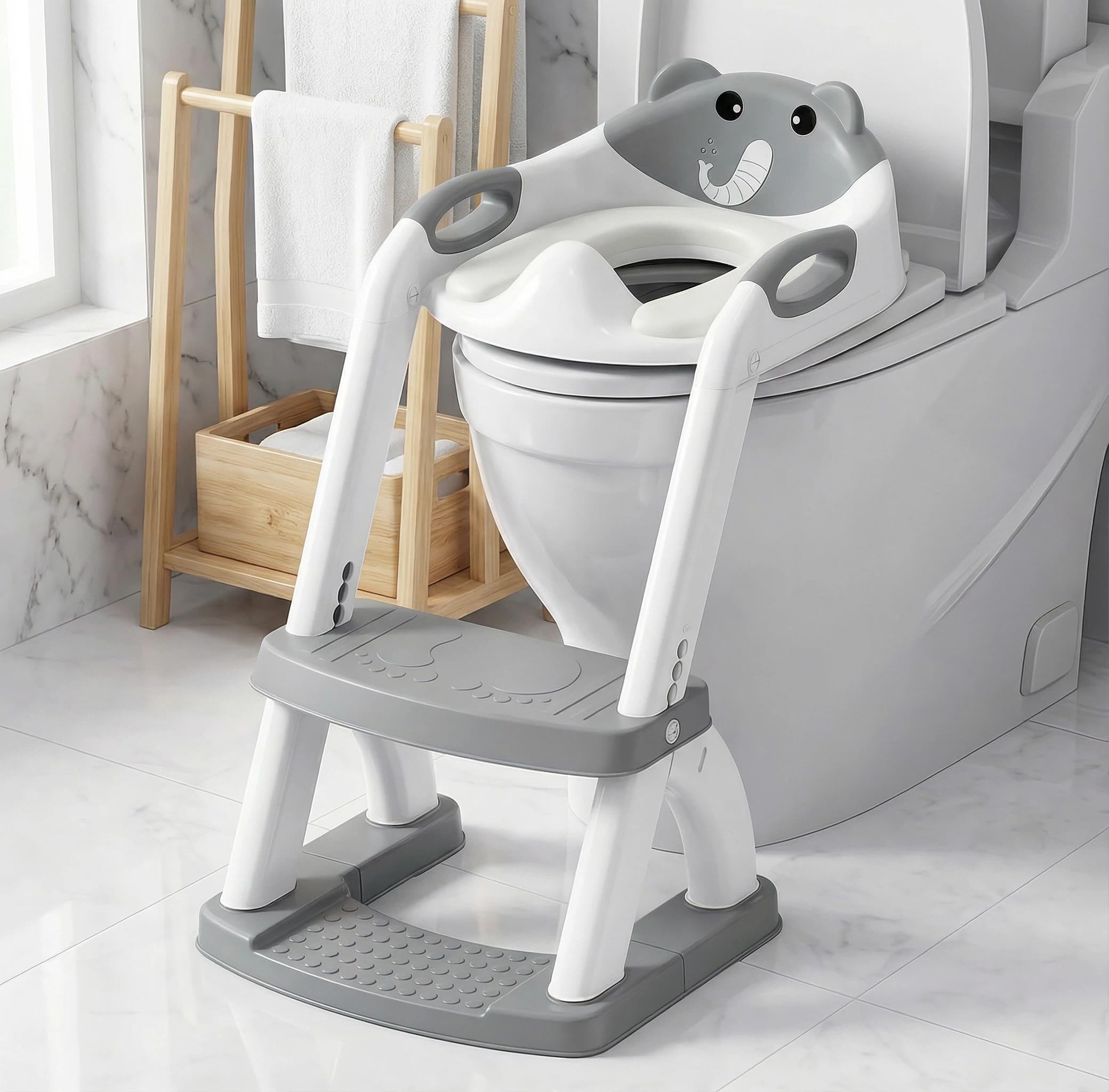 KYLUCK Toilettensitz Kinder mit Treppe, 2 in 1 Toiletten-Trainingssitz & Toilettenleiter für Kinder – 5-fach Höhenverstellbar & Extra Große Trittfläche – Stabil, Weich & Faltbar