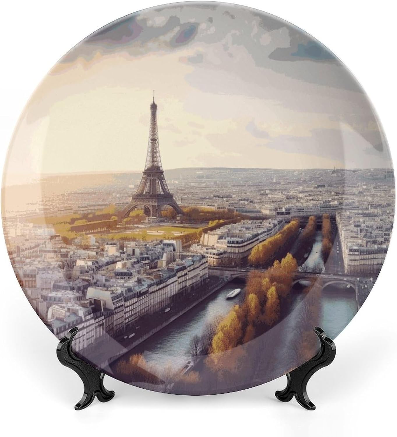 Aerial View of Paris Cityscape Decorative Plates for Display Round Porcelain Plate Living Room Table Ceramic Hanging Decorative Plate Art Decor for Living Room Table with 1 Display Stand 10inc