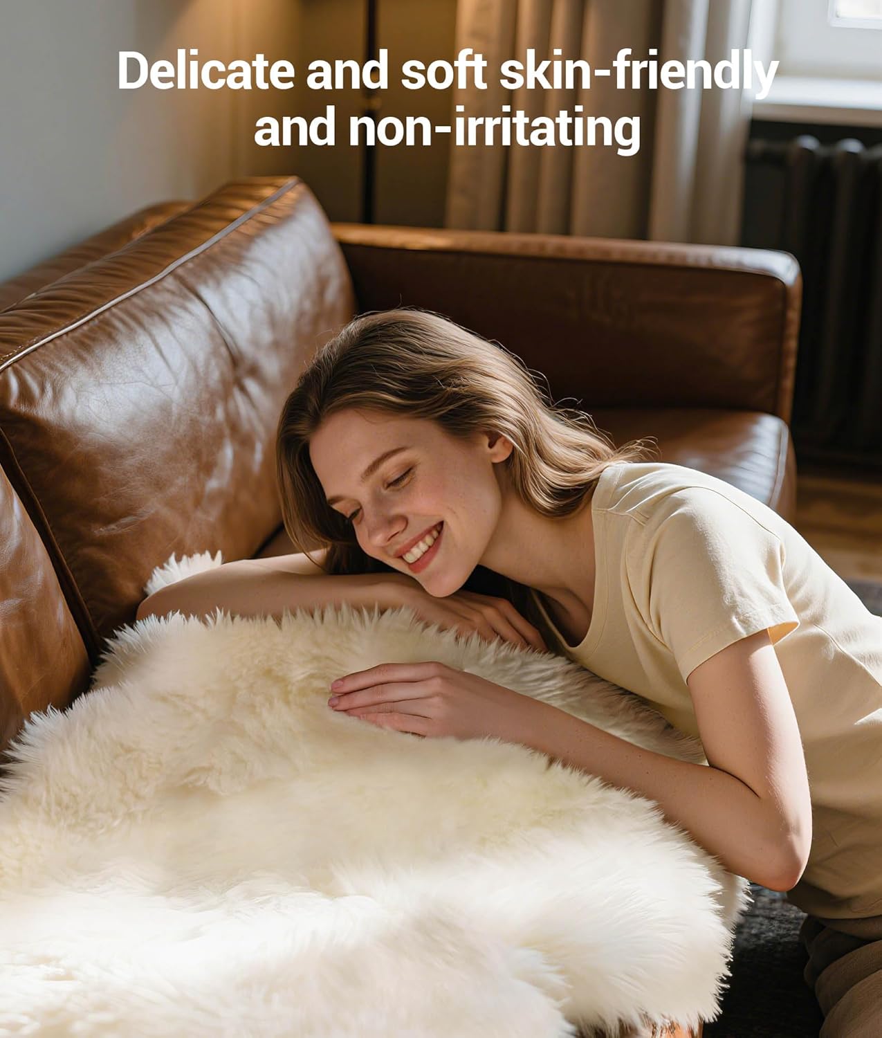 DPB Genuine Sheepskin Area Rug, 100% New Zealand Genuine Natural Luxury Fluffy Lambskin Throw for Sofa Chair Seat Cove Living Room Bedroom (Lvory, 2x3Ft)