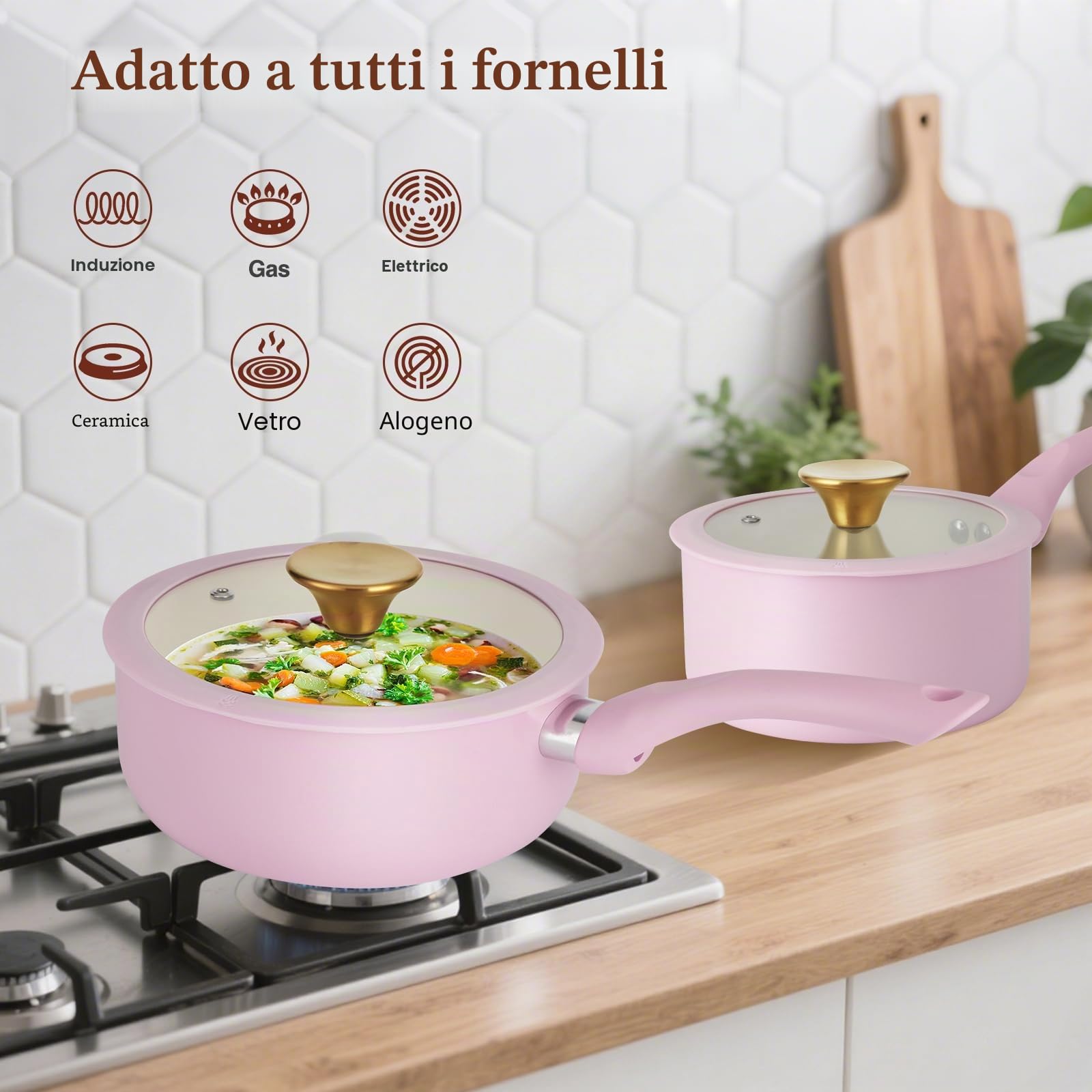 M MELENTA Set di pentole e padelle antiaderenti, 11 pezzi in ceramica rosa | Set da cucina antiaderente, pentole a induzione, set di pentole antiaderenti per principianti, senza PTFE, PFOA e PFAS