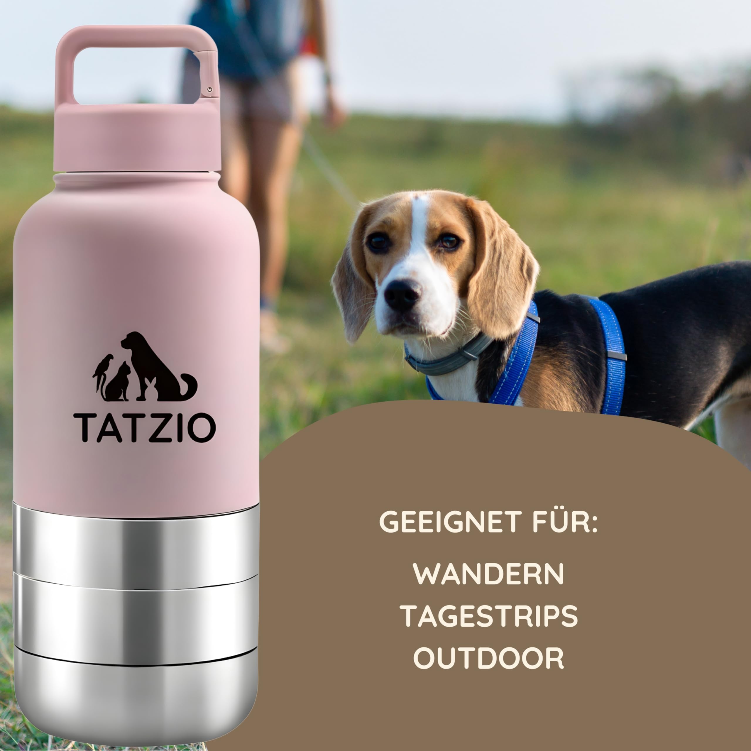 Reiseflasche 4-in-1 für Hunde & Katzen aus Edelstahl – Isolierter Wasser- & Futterbehälter für Haustiere– Auslaufsicherer Reisenapf mit 3 Zusatzbehältern für Unterwegs Pink 1000ml