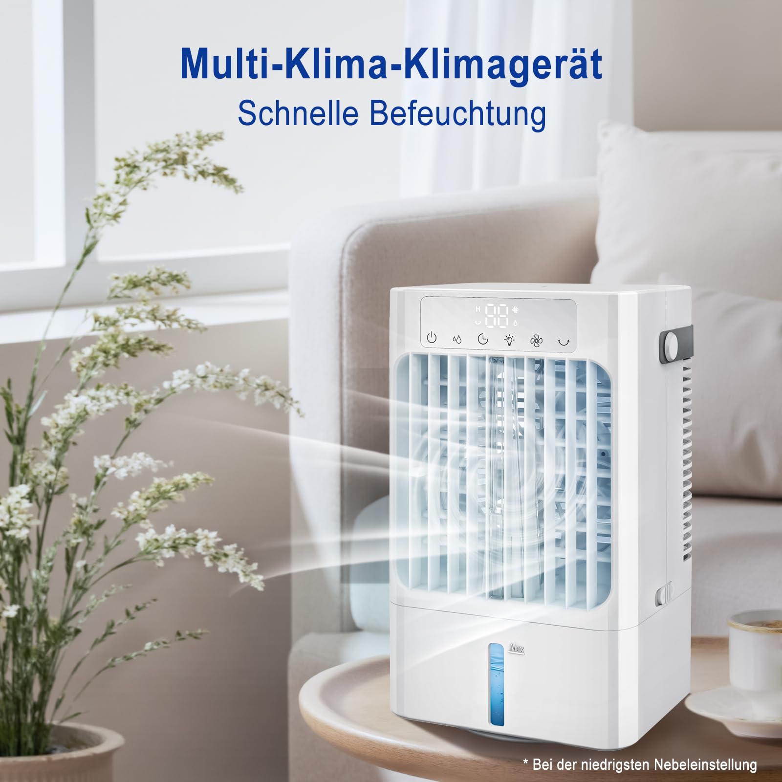Mobile Klimaanlage Klein, Leise Luftkühler mit Wasserkühlung,3 in 1 Tischventilator für zuhause und büro,Tragbare Air cooler fan mit 900ML wassertank, Klimagerät AC-1-8H Timer