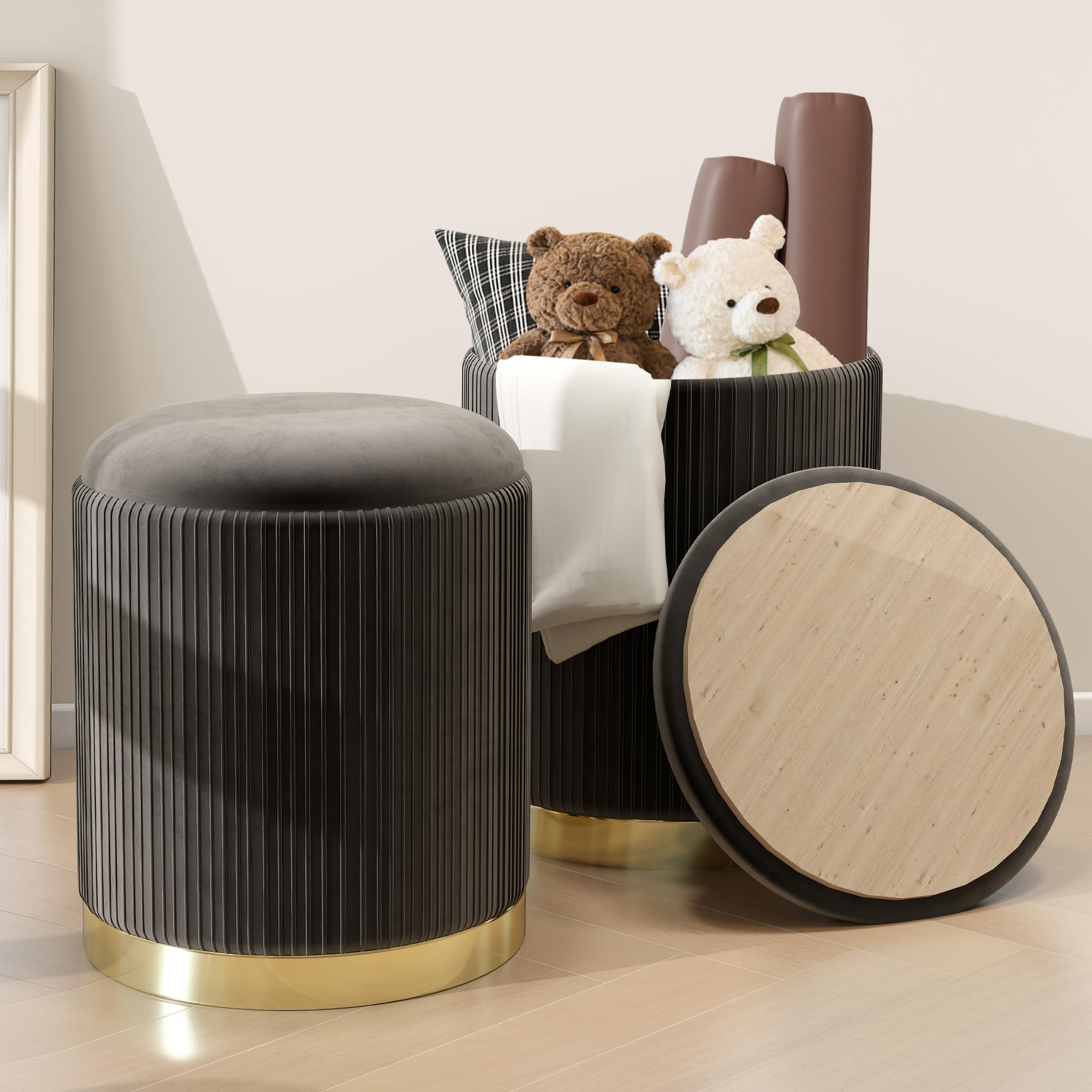 Caroeas 2 Pack Round Ottoman with Storage, Upholstered Velvet Storage with Gold Trim, Vanity Stool for Makeup, Ottoman Foot Rest for Living Room,