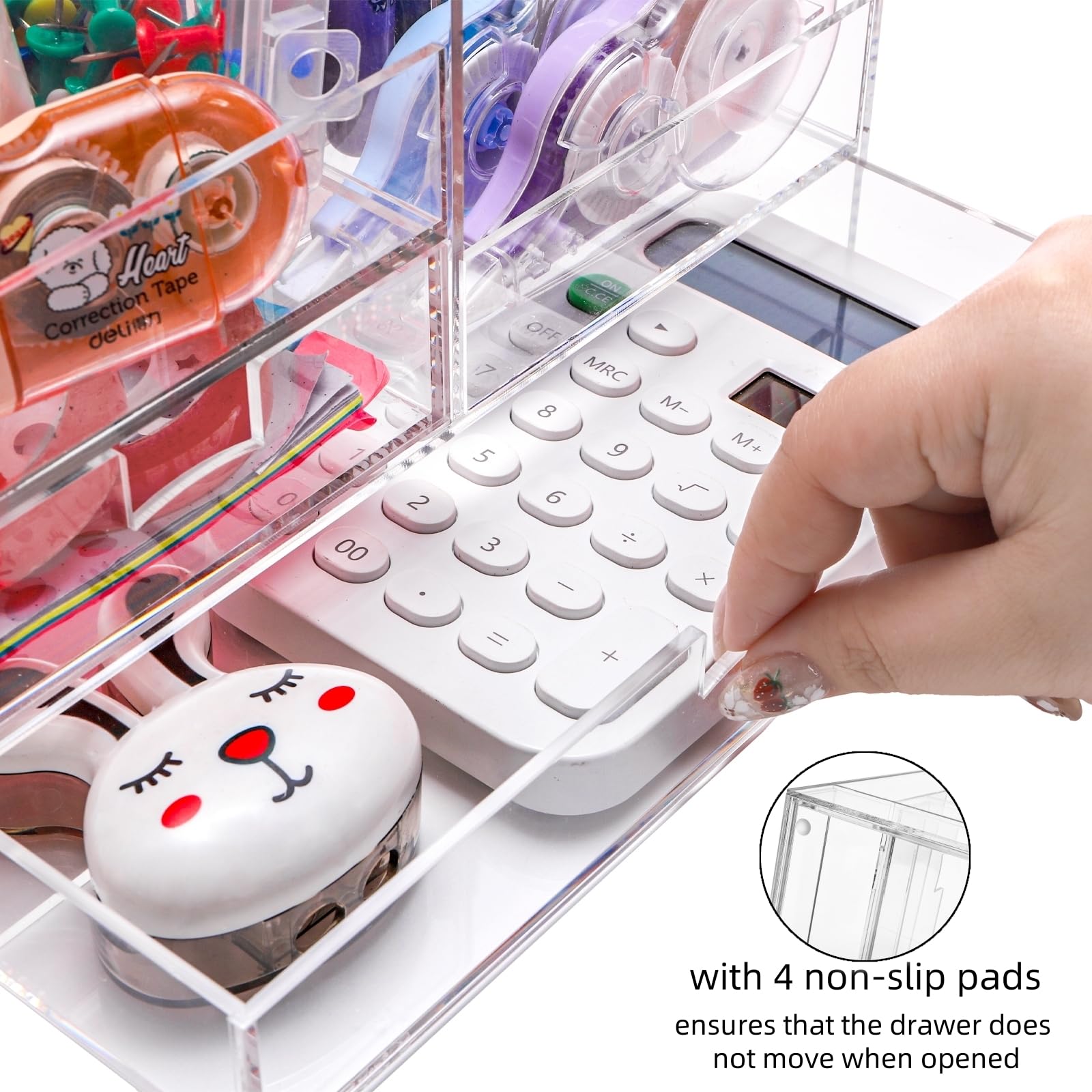 Cididu Organizador de escritorio acrílico con 2 cajones, organizador de cajones de oficina transparente con asa, soporte para lápices, accesorios de escritorio, 7 compartimentos para maquillaje