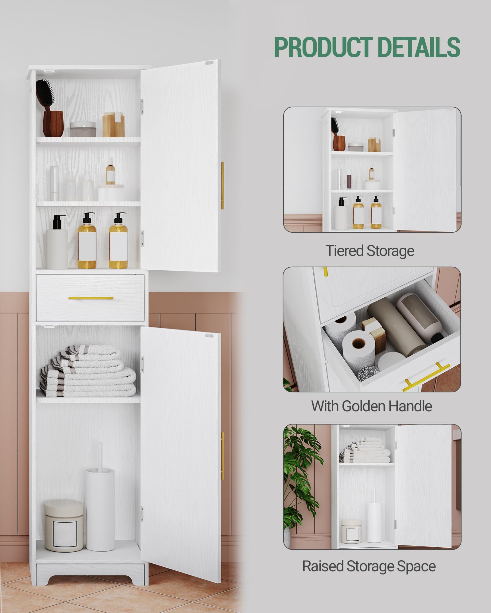 Hzuaneri Armoire de Salle de Bain, Armoire de Rangement avec 1 Tiroirs et 2 Portes, Grand Meuble Étroit, pour Salon, Chambre, Cuisine, Couloir, Blanc SC18303X