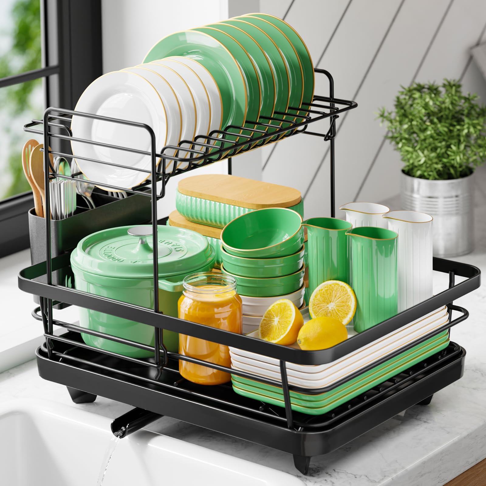 Kitsure Dish Drying Rack for Kitchen Counter, 12''W x 15.5''L, 2-Tiers Global Recycled Standard Global Recycled Standard Global Recycled Standard