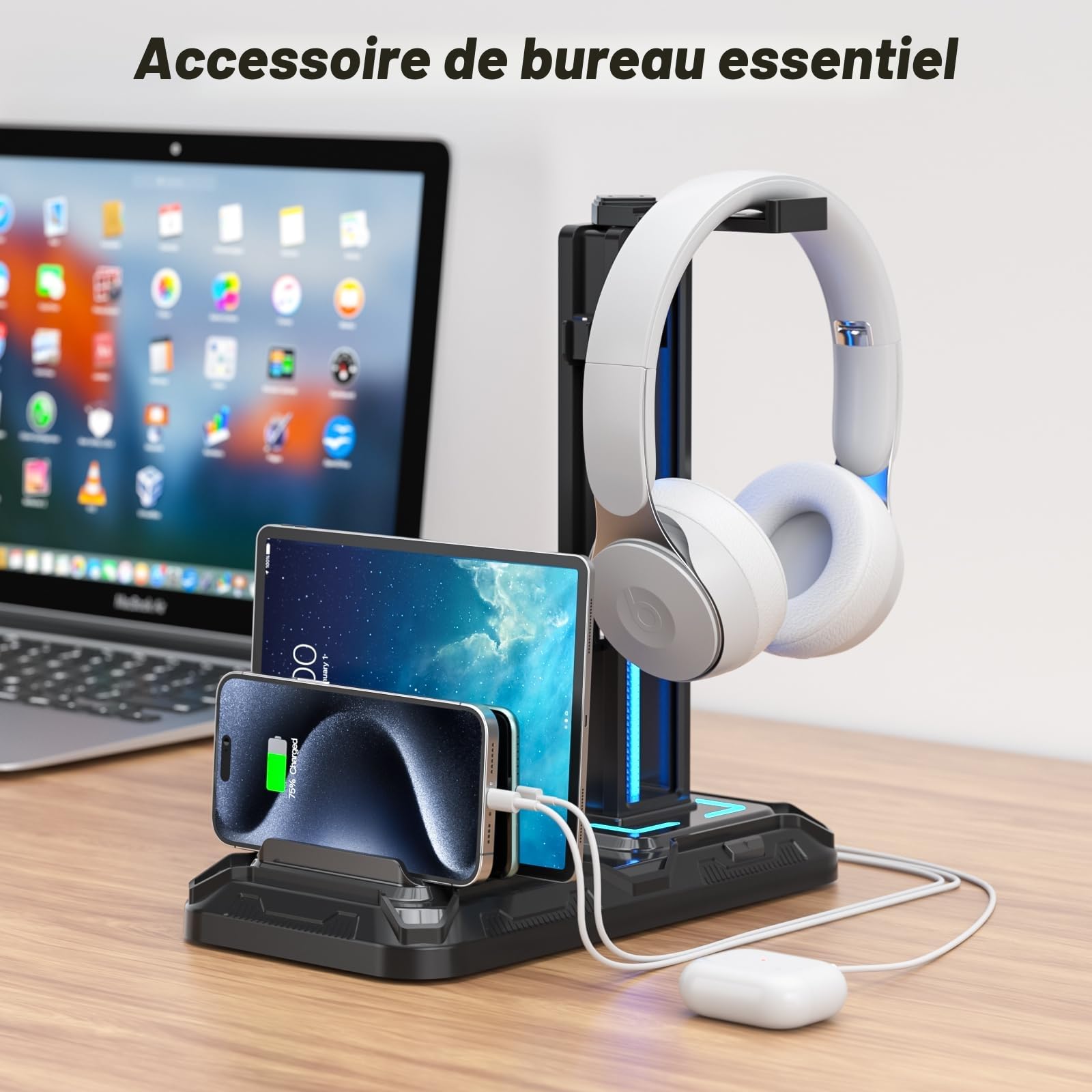 KDD Support Casque Bureau avec Support Téléphone - Support Manette Détachable avec 9 Modes d'éclairage, Repose Casque Gaming avec Ports de Charge USB, Porte Casque Rotatif pour PC Gaming Accessoire