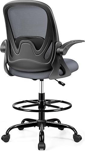 Miniatura 19 de Silla de dibujo alta de oficina con reposabrazos abatibles, altura ajustable y soporte lumbar mejorado, taburete ergonómico rodante, soporte