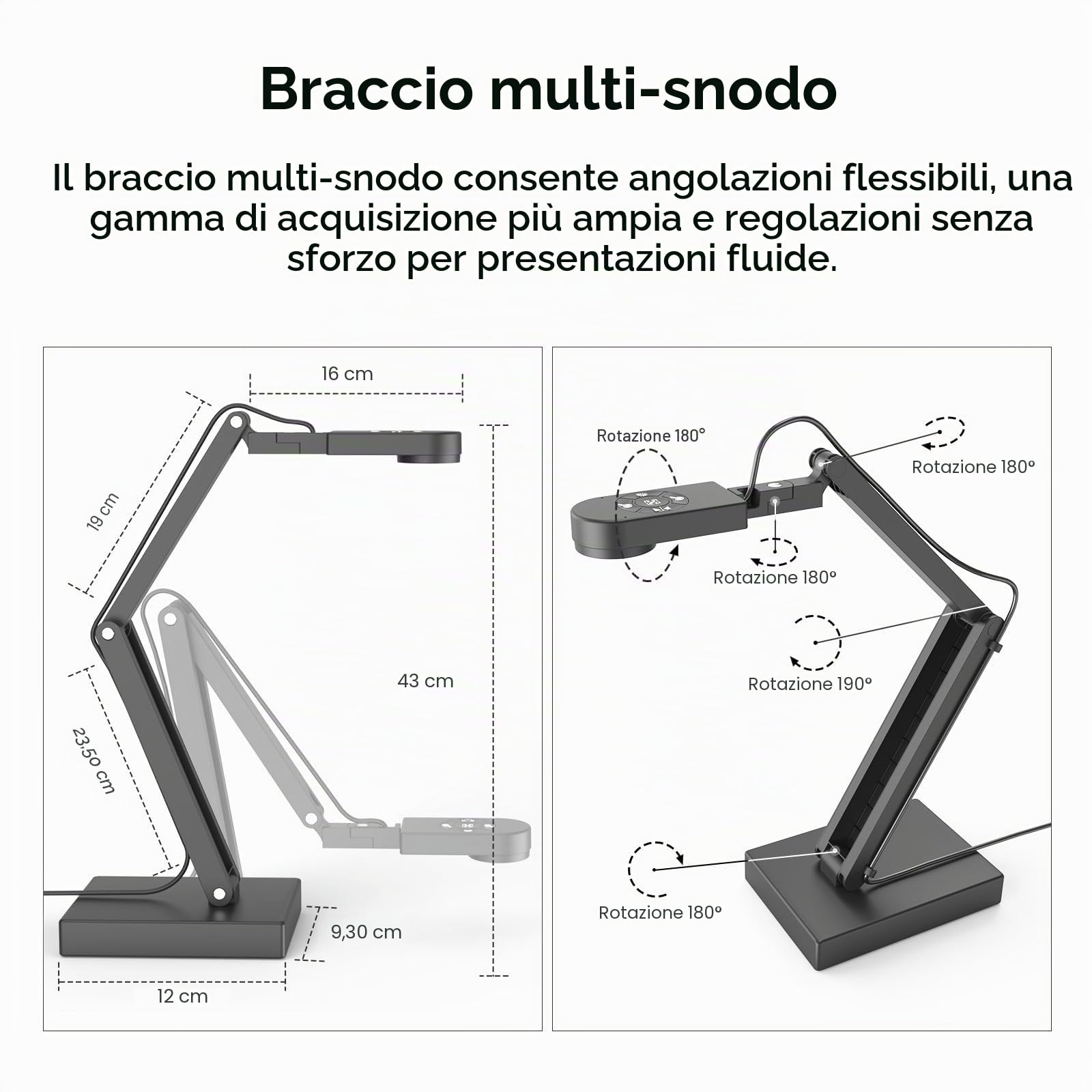 12MP Telecamera Documenti, 4K Visualizzatore - Luce LED, Autofocus Dual e Microfono - Pieghevole - Compatibile con Mac/Windows/Chromebook - Ideale per Dimostrazioni e Didattica a Distanza