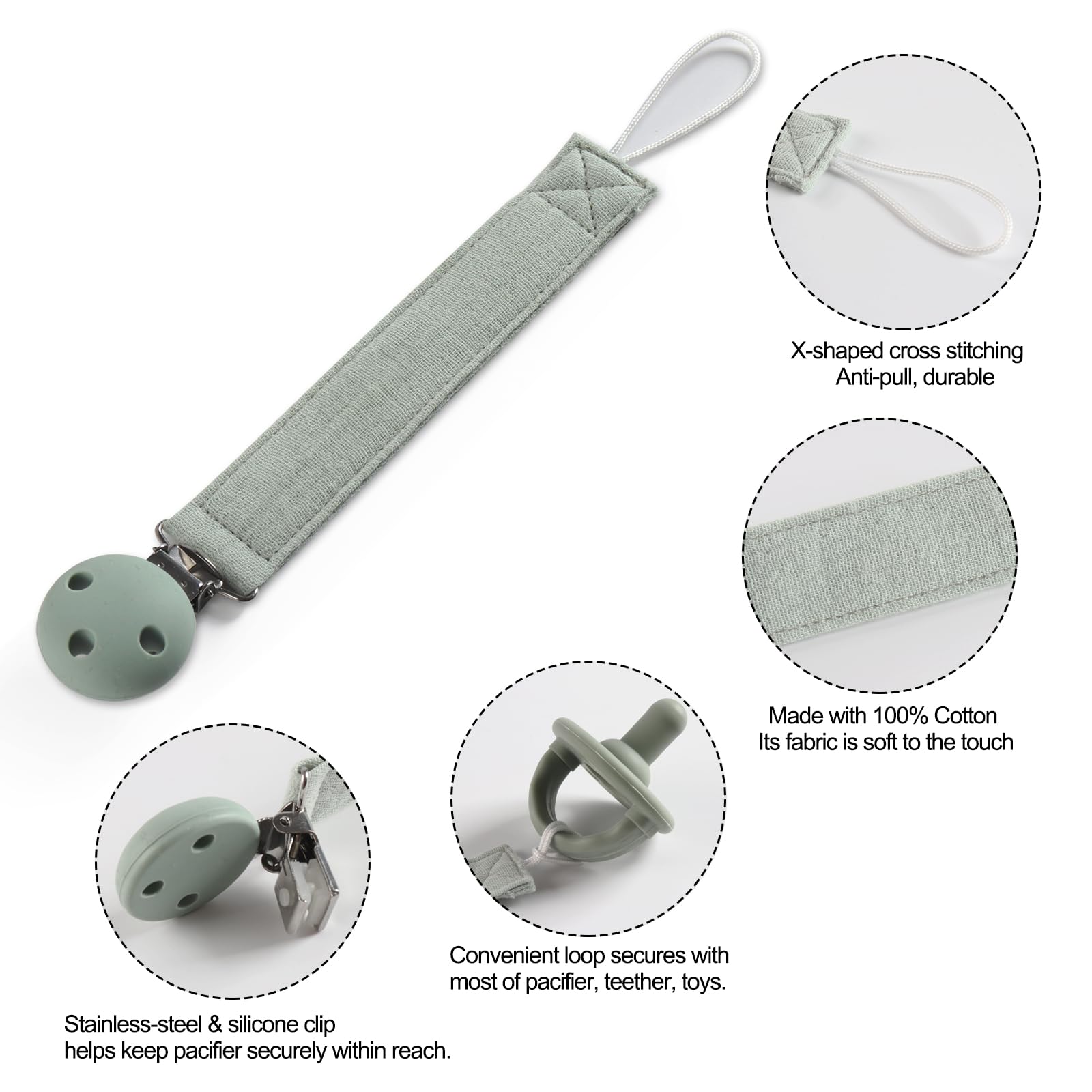 Catenella per ciuccio, portaciuccio in cotone e clip in silicone per ragazze e ragazzi, catenella portaciuccio per bambini, senza BPA, confezione da 2 (caramello + rosa scuro)