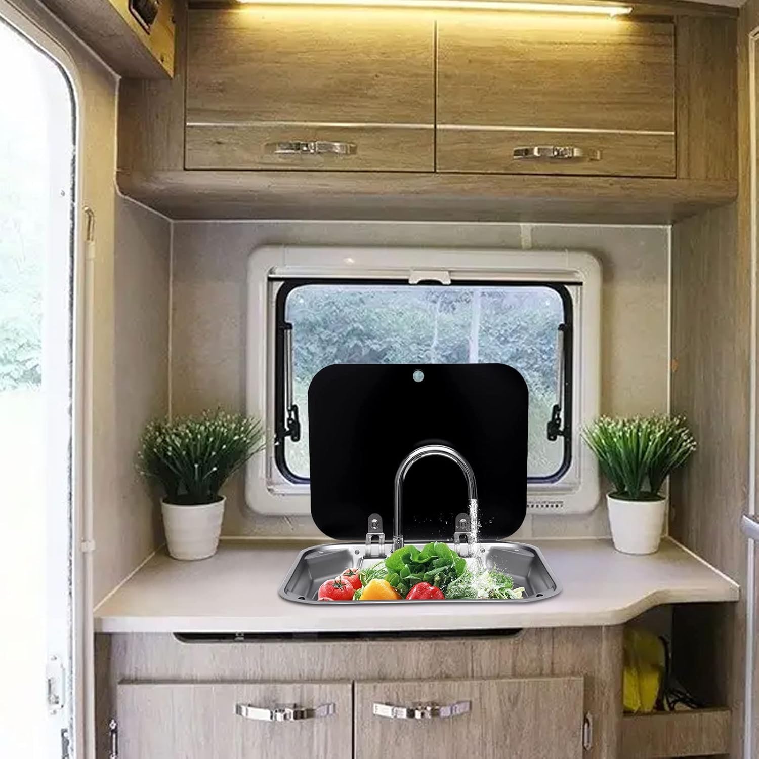 17in-Bar Kitchen RV Sink with Folde Faucet B& Cover, Stainless Steel Sink Caravan Boat Camper Van Sinks Small Hand Wash Basin Outdoor Trailer Accessories RV Parts