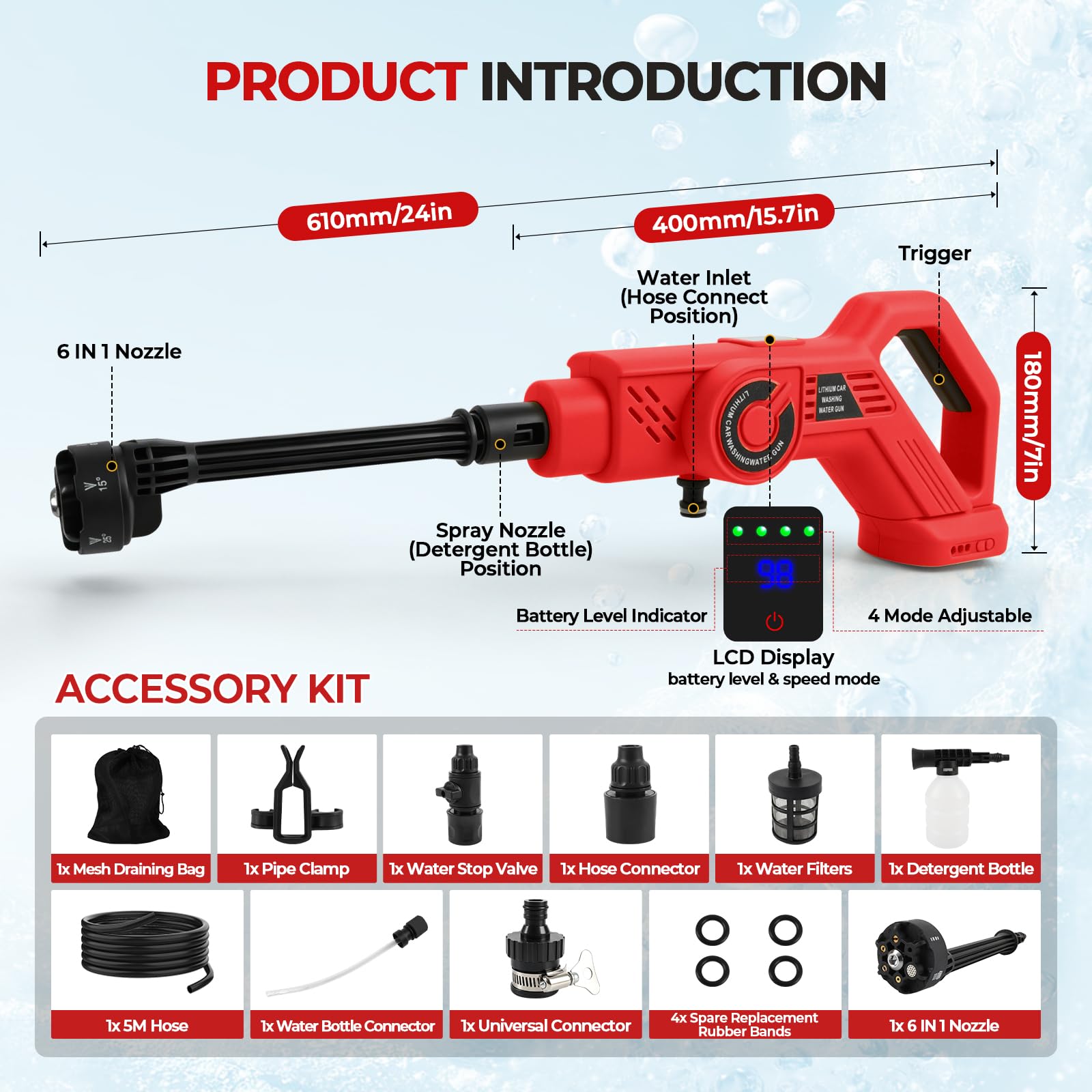 Lavadora a presión inalámbrica compatible con Milwaukee 18 V, 380 W, lavadora eléctrica de mano sin escobillas con boquilla 6 en 1, pistola de lavado a presión de 4 engranajes para limpieza de paredes