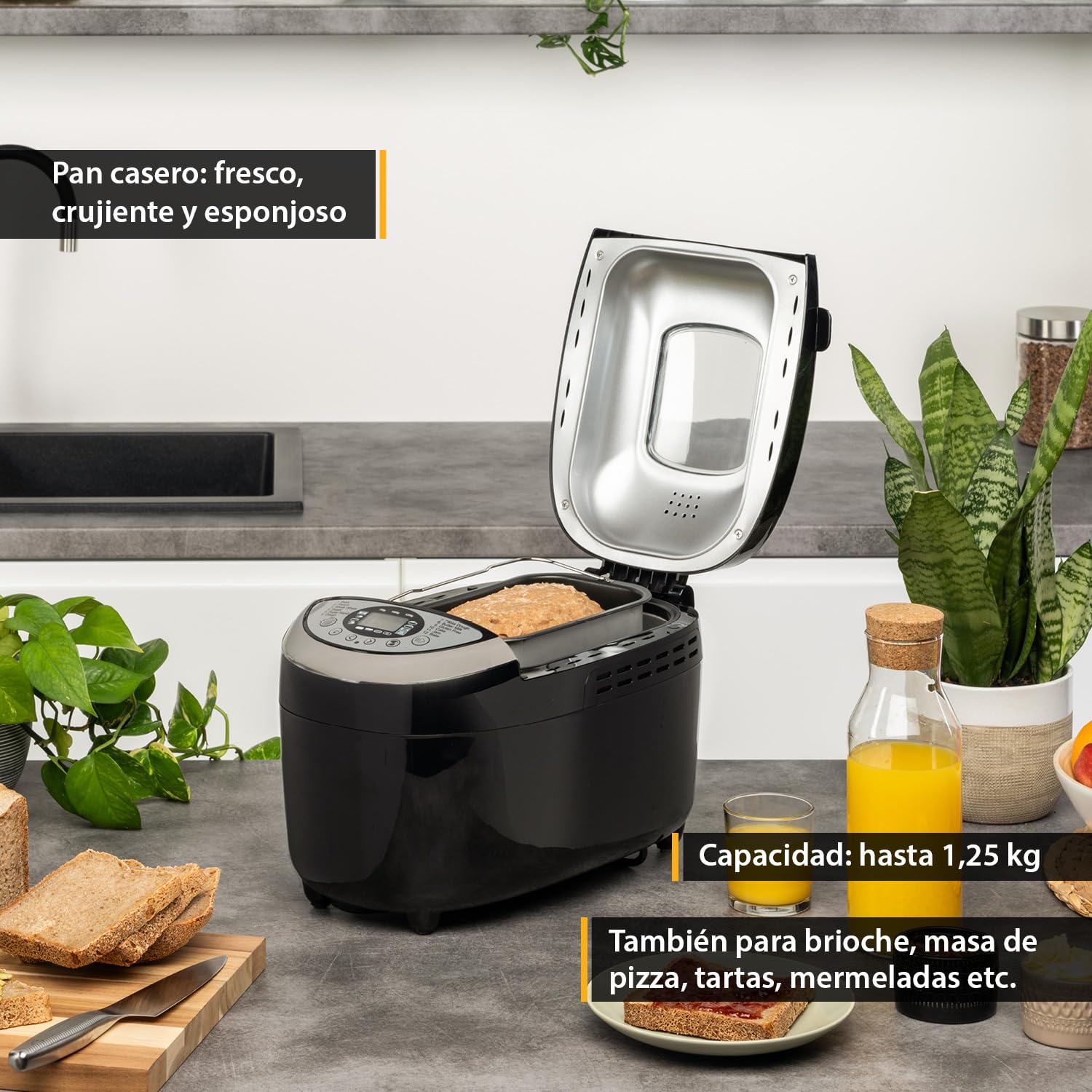 TZS First Austria - Máquina para hacer pan con 12 programas automáticos 850W - Panificadora eléctrica de 700-1250g - Con ventanilla, temporizador, accesorios y función mantenimiento caliente - Negro