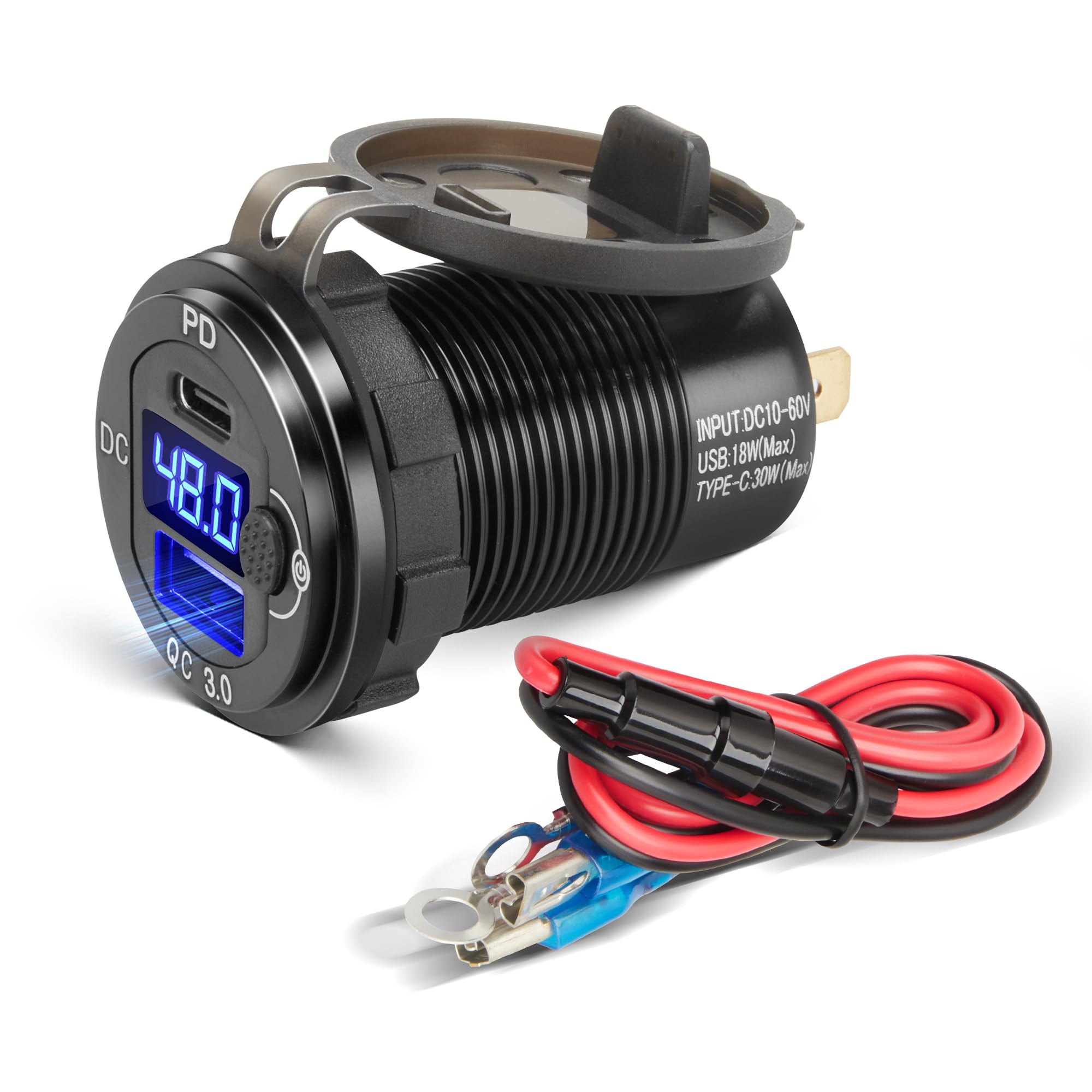 RED WOLF 48W USB C PD Steckdose 12 Volt Auto Ladegerät Zigarettenanzünder mit Schalter, QC 3.0 & USB Typ C Einbaubuchse mit LED Voltmeter für Kfz Wohnmobil Motorrad Boot LKW Wohnwagen 10V-60V