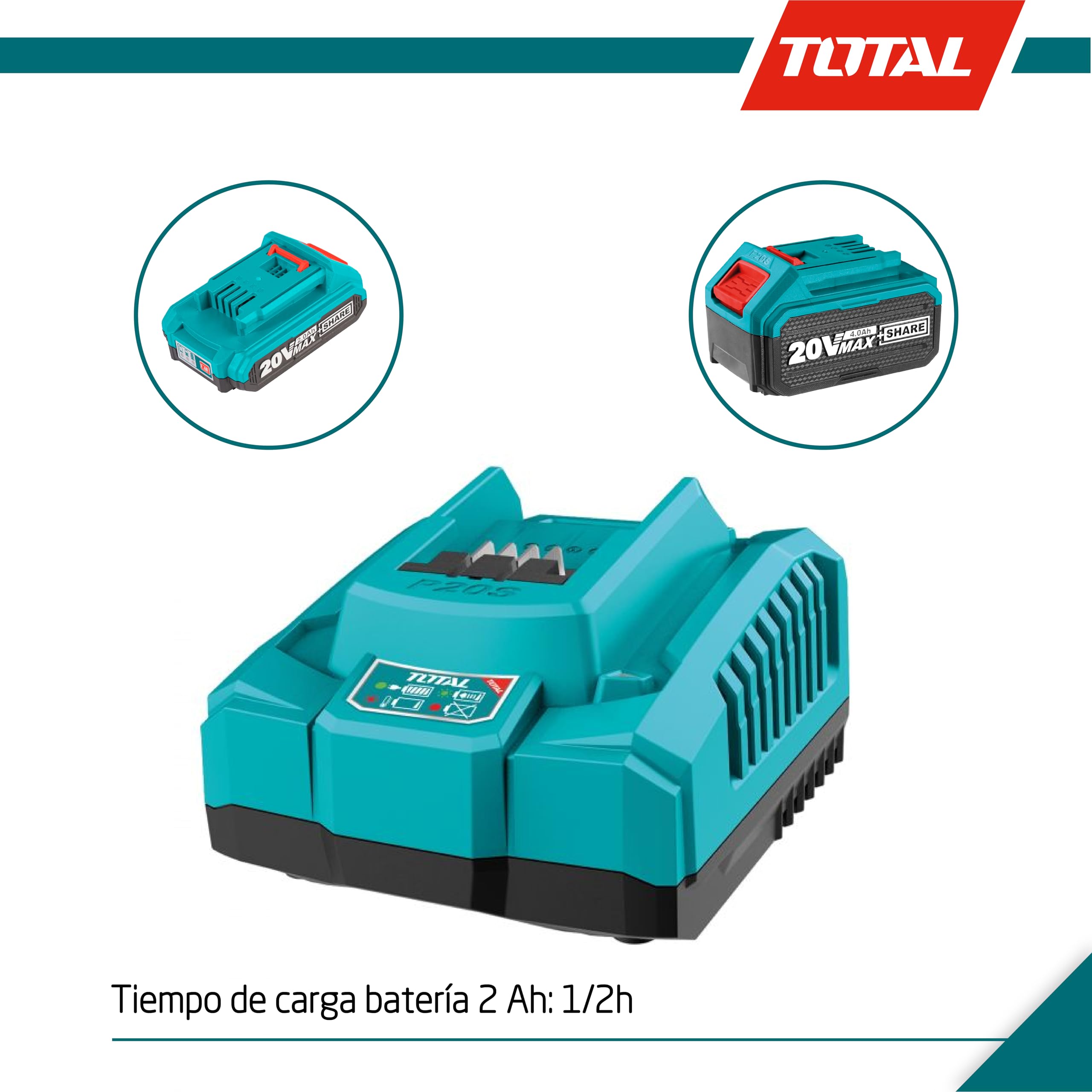 TOTAL - Cargador Rápido Batería 20 V, Cargador para Herramienta Electro Portátil, Velocidad de Recarga: Baterías 2 Ah en 1/2 h, Compatible con Herramientas Eléctricas P20S