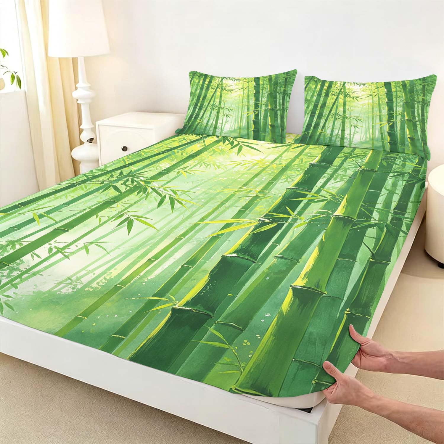 Drap Housse 180x200 cm Bambou Vert 3D Drap-Housse Bambou Draps Housses Microfibre 2 Personnes avec 2 Taie d'oreillers pour Matelas Épais XCW6517