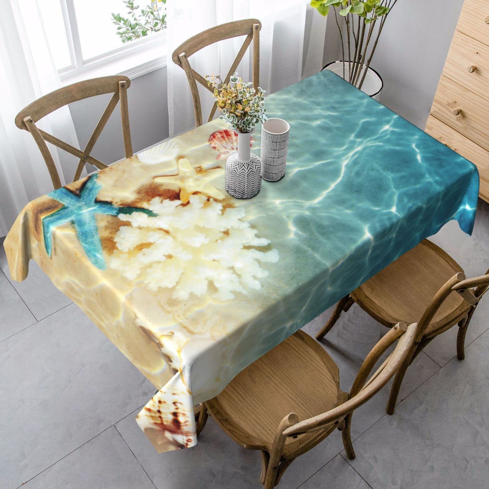 mutakin Beach Coral Seashell Tablecloth Summer Table Cloth Washable Rectangle Table Cover for Decoration Kitchen Dining Room 60x90 Inch
