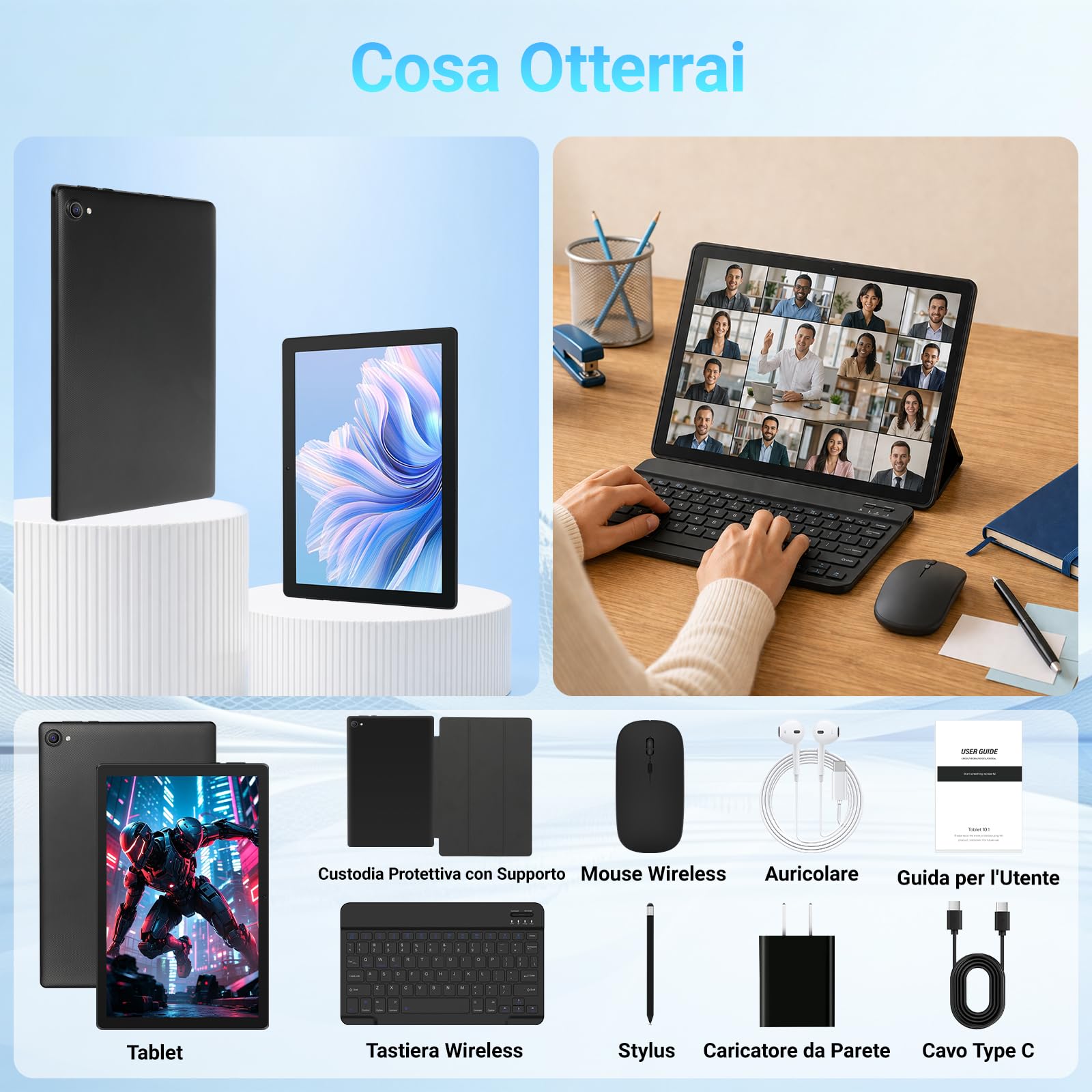 Gleeso Tablet Android 16 da 10 Pollici, Tablet con Tastiera 20GB+TF 1TB, Android Tablet PC con Mouse, Penna Stylus, 6000mAh, Fotocamera da 8MP, WiFi 5G, Laptop Portatile per Studenti e Aziende
