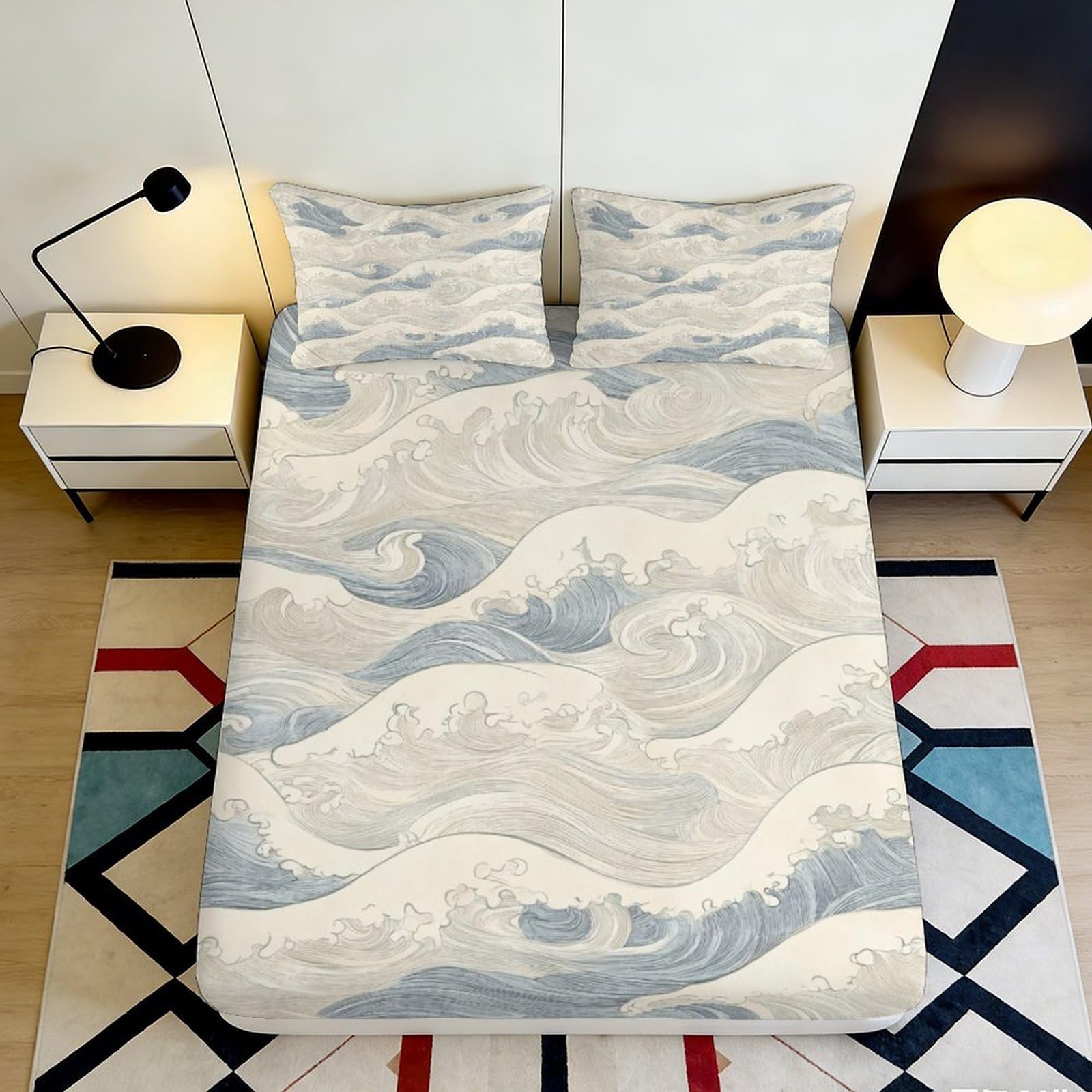 Tjiqhvmrn Style-6 3D Printed Wave Pattern Fitted Sheet Microfiber Bedroom Bedding Deep Pocket Non-Slip Wave Mattress Fitted Cover Elastic Hem Washable For Home Protection 90X200x25cm