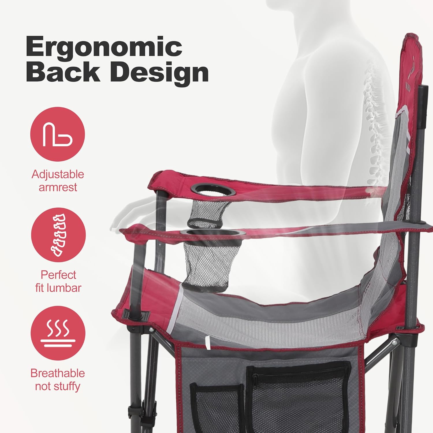LET'S CAMP 2 Pack Mesh Back Camping Chair Portable Folding Heavy Duty Outdoor Chair Support 330 LBS Durable Large Arm Chair with Cup Holder and Carry Bag for Camp, Fishing, Hiking, Red - Image 4