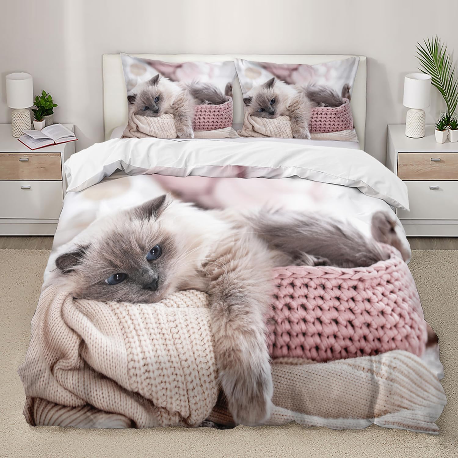 AILONEN Cat Duvet Covet Set Queen Size,Cat Bedding Sets for Girls,Kawaii Pet Animal Cat Lover Comforter Cover Set,3 Pieces, 1 Quilt Cover and 2 Pillowcases (No Comforter) Cat100 Queen
