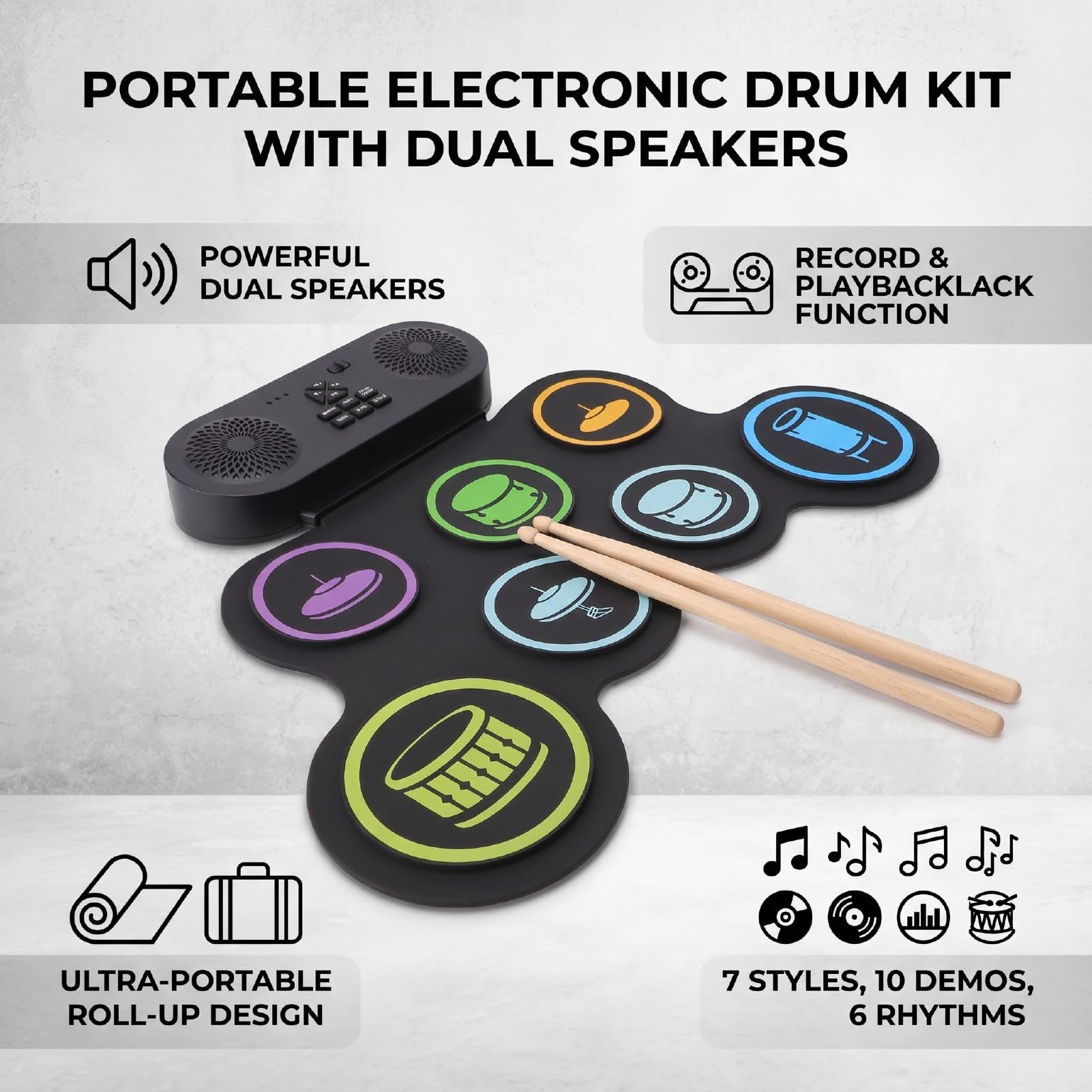 Dpofirs Batteria Elettronica Portatile Arrotolabile, Kit di Tamburi con Doppio Altoparlante Pad di Pratica Bacchette Registrazione e Riproduzione, Design Pieghevole for Principianti e