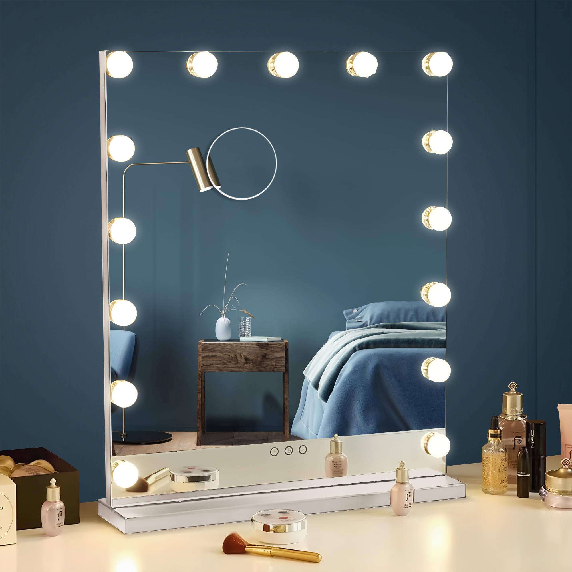 Bayt Specchio Trucco con luci LED – Specchio Hollywood Bianco 43x60 cm con 15 Lampadine Dimmerabili, 3 Tonalità di Luce (calda, fredda, naturale), Touch Screen & Specchietto Ingranditore 10x