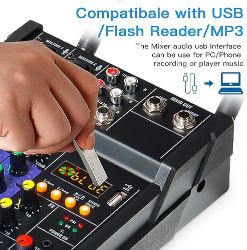 Miniatura 4 de Mezclador de audio de 4 canales para DJ con micrófono inalámbrico doble, consola de placa de sonido, MP3, Bluetooth, 48V, alimentación fantasma,