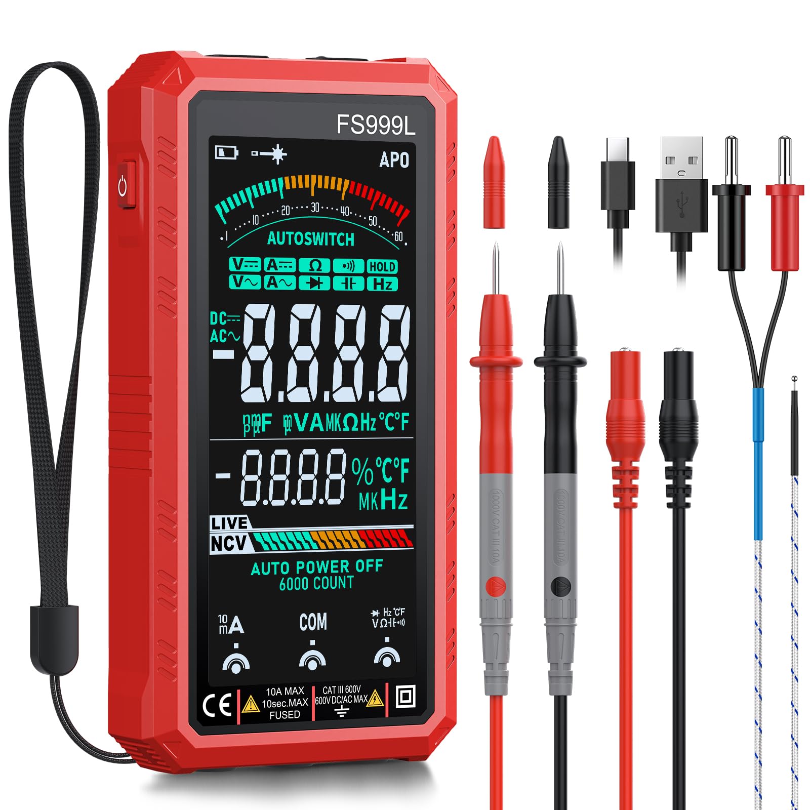 6000 Counts Smart Digital Multimeter,USB Rechargeable,Color LCD Screen | Smart auto/manual multimeter,AC/DC voltage current,NCV safety,capacitance frequency temperature,True RMS,home and car repair-image-29