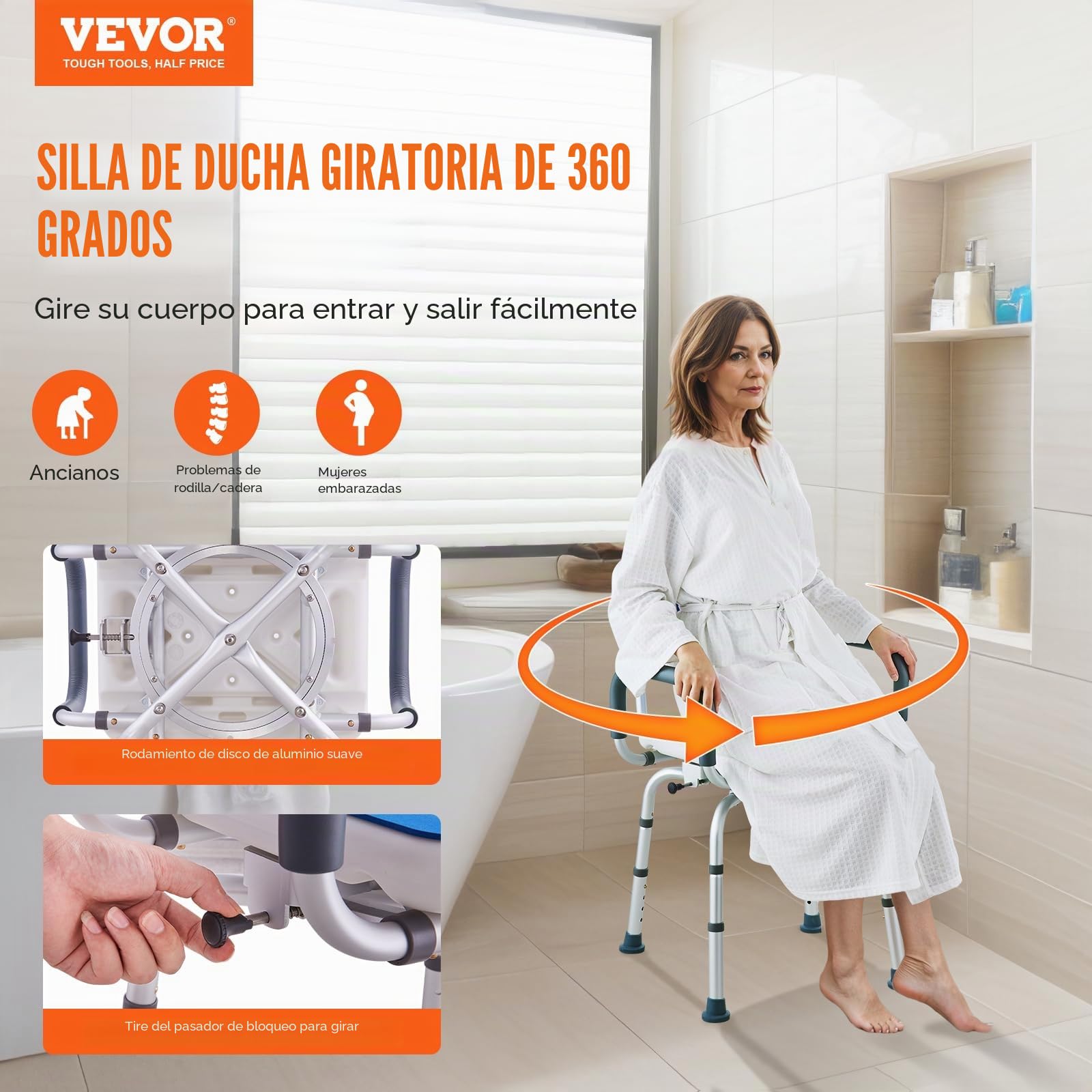 VEVOR Silla de Ducha Giratoria 360 Grados con Reposabrazos y Respaldo para Ducha Interior o Bañera, para Personas Mayores Discapacitadas Heridas, Capacidad de 180 kg, 565 x 530 x 835 mm, Aleación, PVC