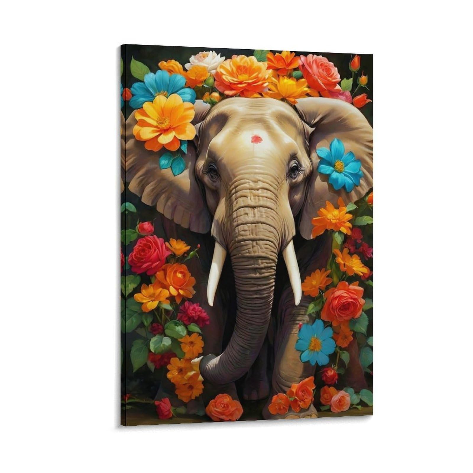 DHBANEIOK Elephant with Flowers Poster Artwork Giclee Canvas Prints Modern Canvas Wall Art Picture Wall Hanging for Bathroom Wall Decor 24x36inch(60x90cm)
