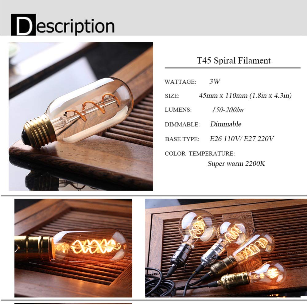 Bombilla LED Edison de filamento T45 2200K Regulable Flexible E27/220V, para el hogar, 4 Unidades