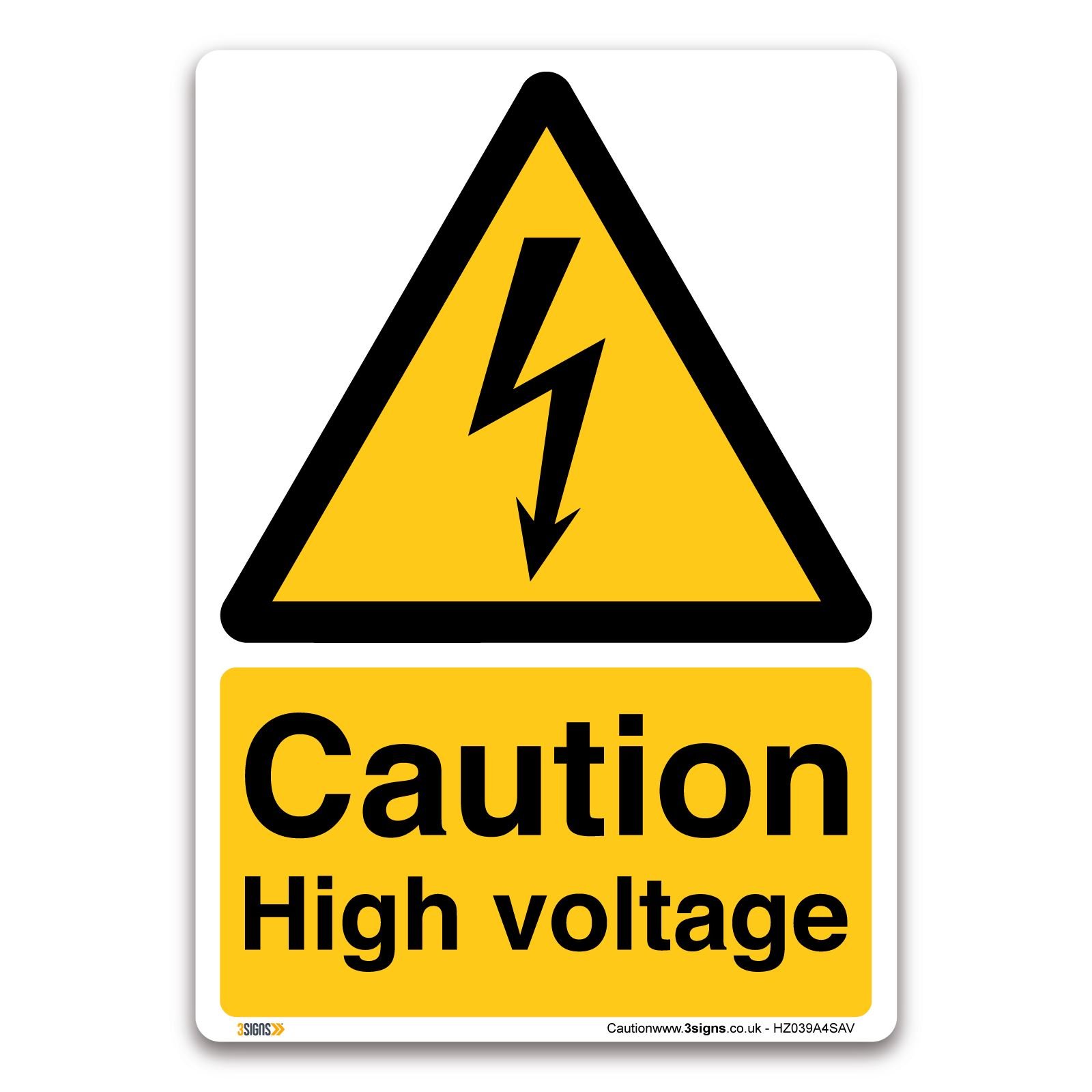 3 Signs Caution High Voltage Sign - A4 Self-Adhesive Vinyl Sticker - Warning Construction Security