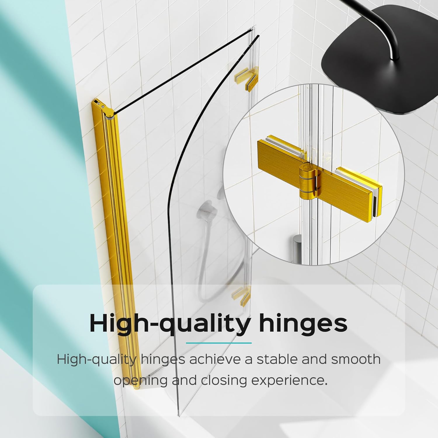 34" W x 58" H Frameless Folding Pivot Bathtub Door with 1/4" (6mm) SGCC Tempered Clear Glass, Bathroom Pivot Bifold Shower Tub Door, Reversible Installation, Brushed Gold Finish