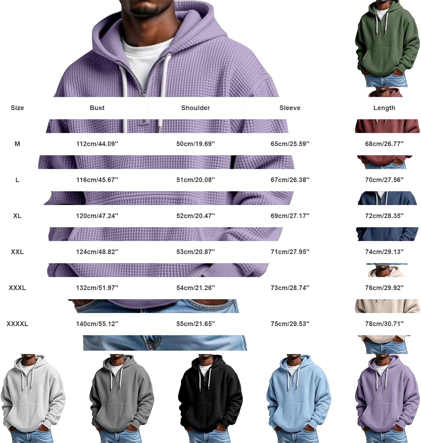 Nantdog Mokaloha Mens Sweatshirts Quarter Zip Long Sleeve Waffle Hoodie Oversized Casual Loose Fit Hooded Sweatshirt Winter - Image 4